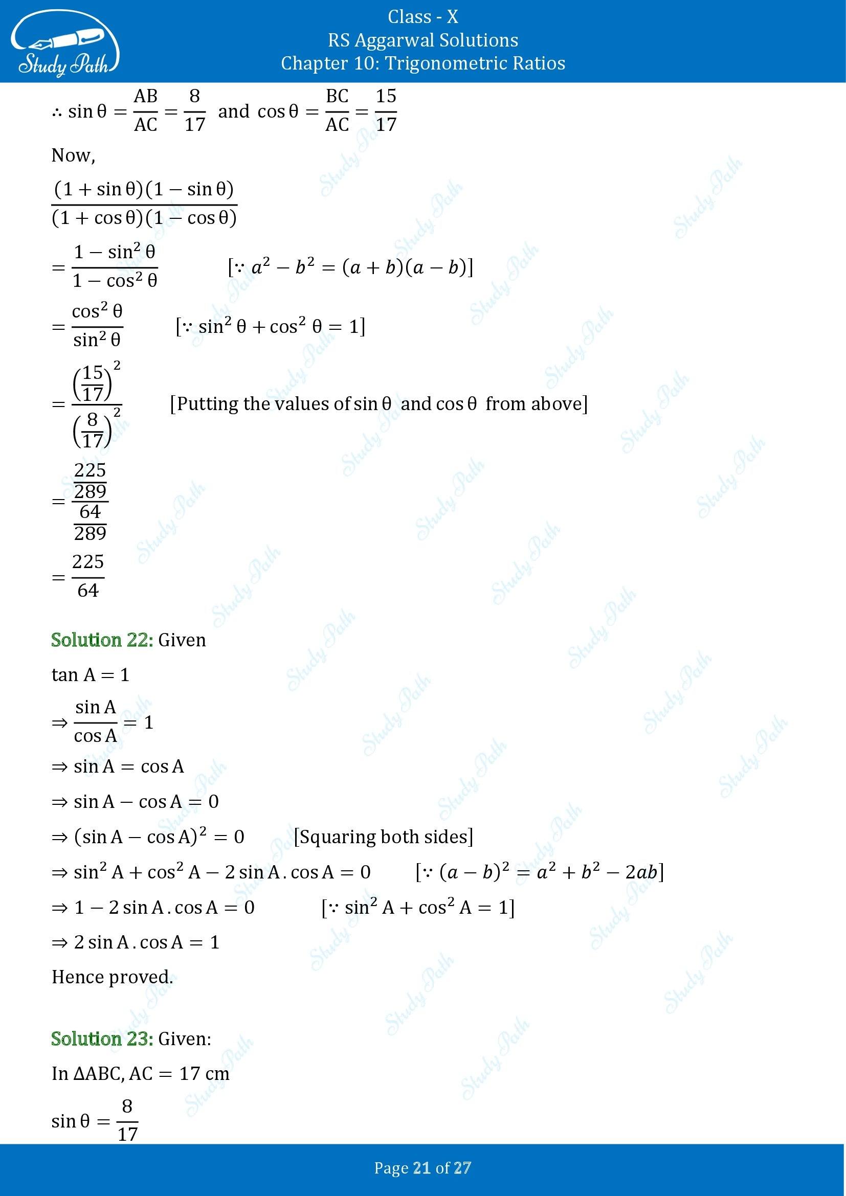 RS Aggarwal Solutions for Class 10 Chapter 10 Trigonometric Ratios Exercise 10 00021