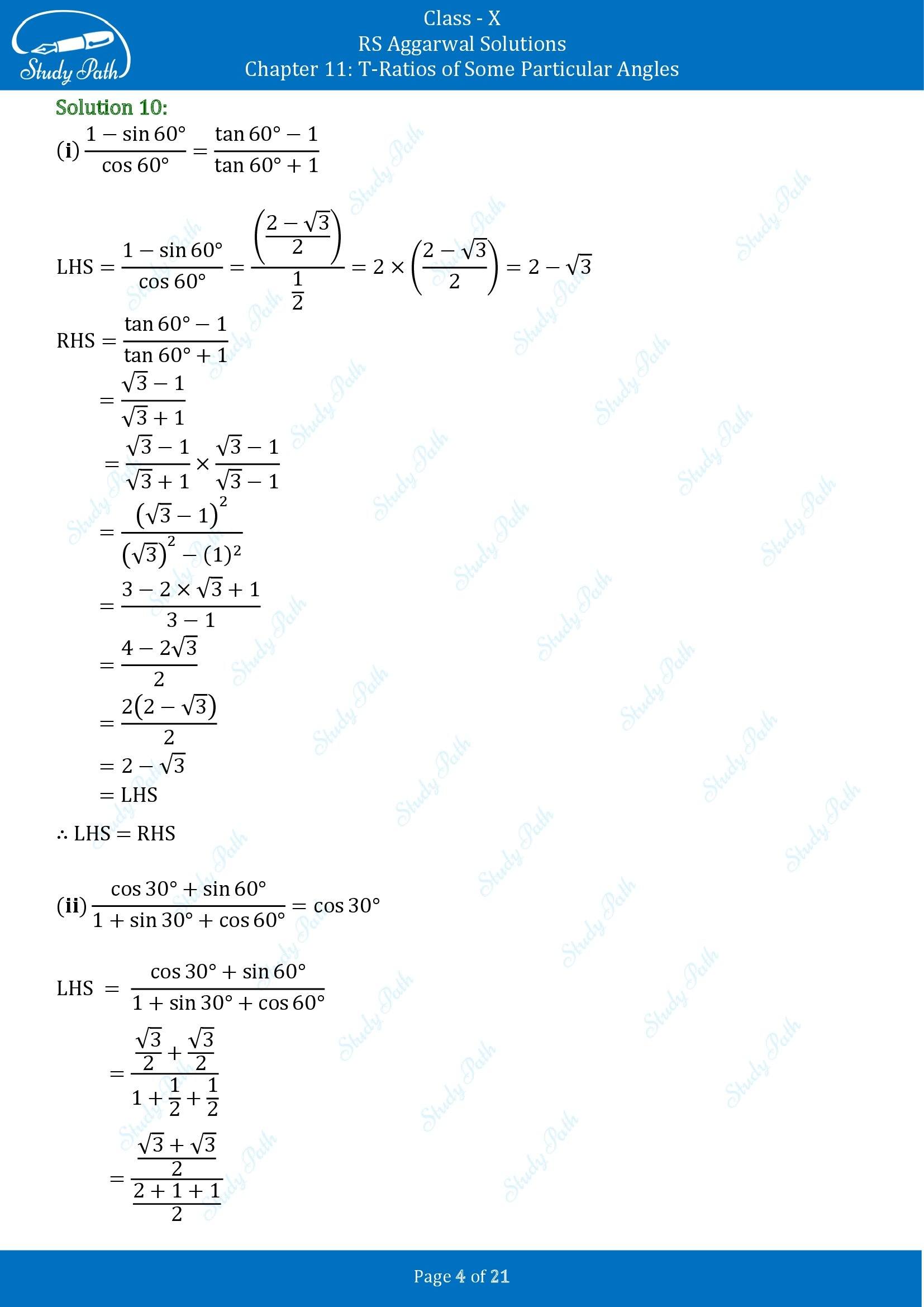 RS Aggarwal Solutions for Class 10 Chapter 11 T Ratios of Some Particular Angles Exercise 11 00004