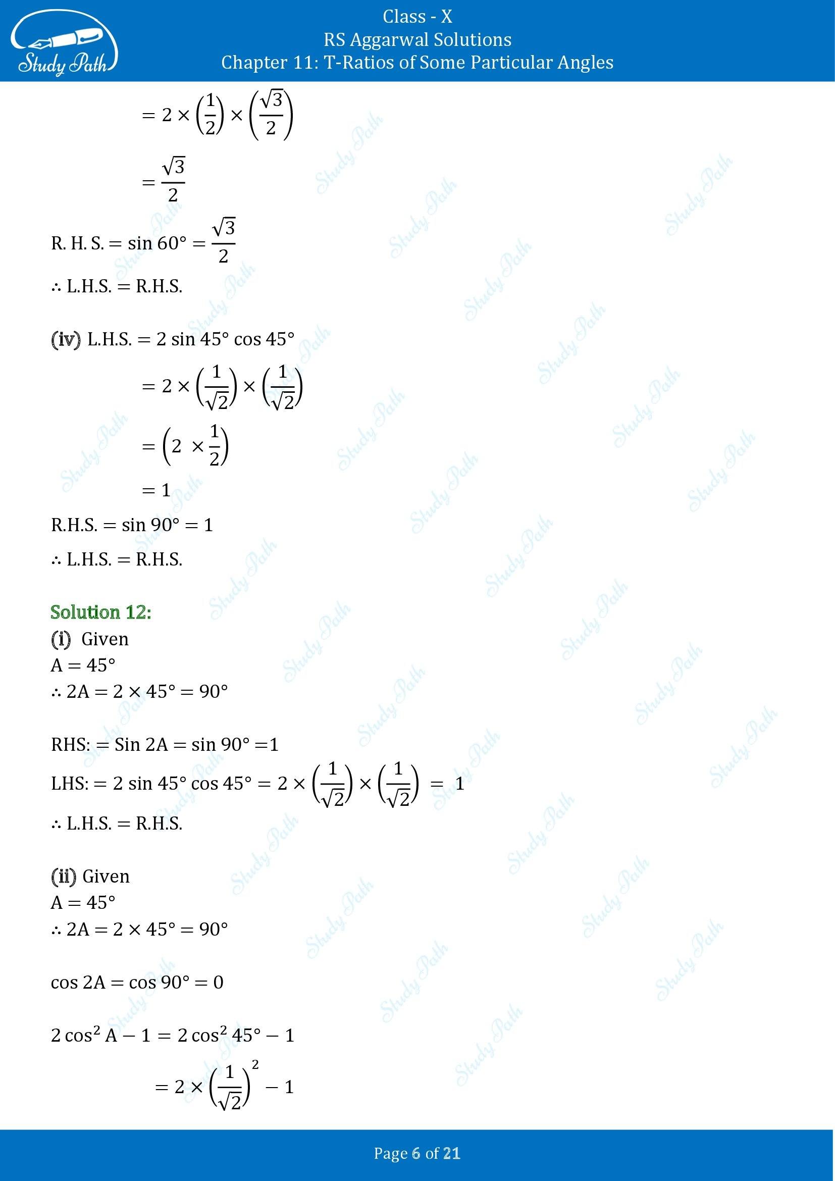 RS Aggarwal Solutions for Class 10 Chapter 11 T Ratios of Some Particular Angles Exercise 11 00006