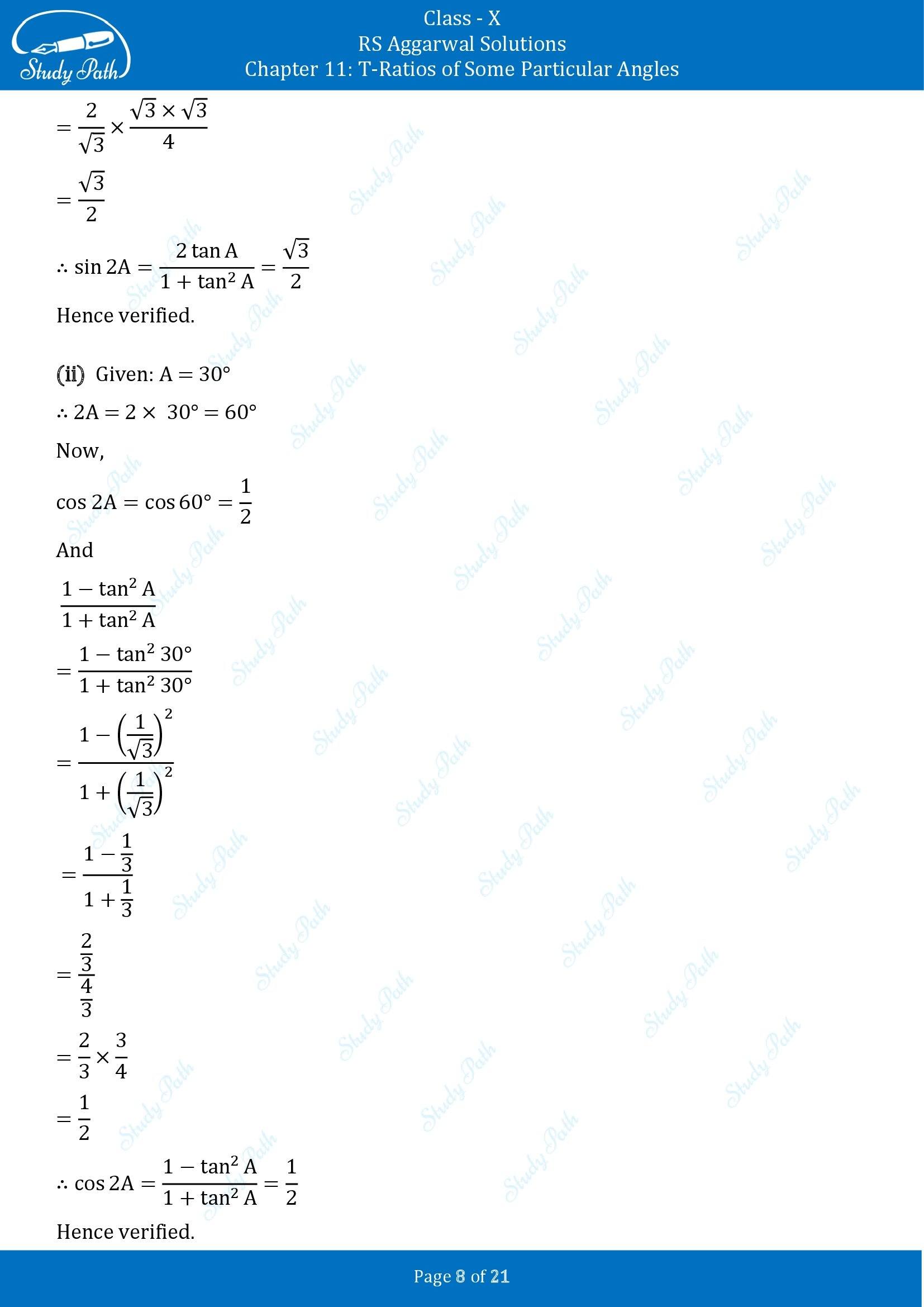 RS Aggarwal Solutions for Class 10 Chapter 11 T Ratios of Some Particular Angles Exercise 11 00008