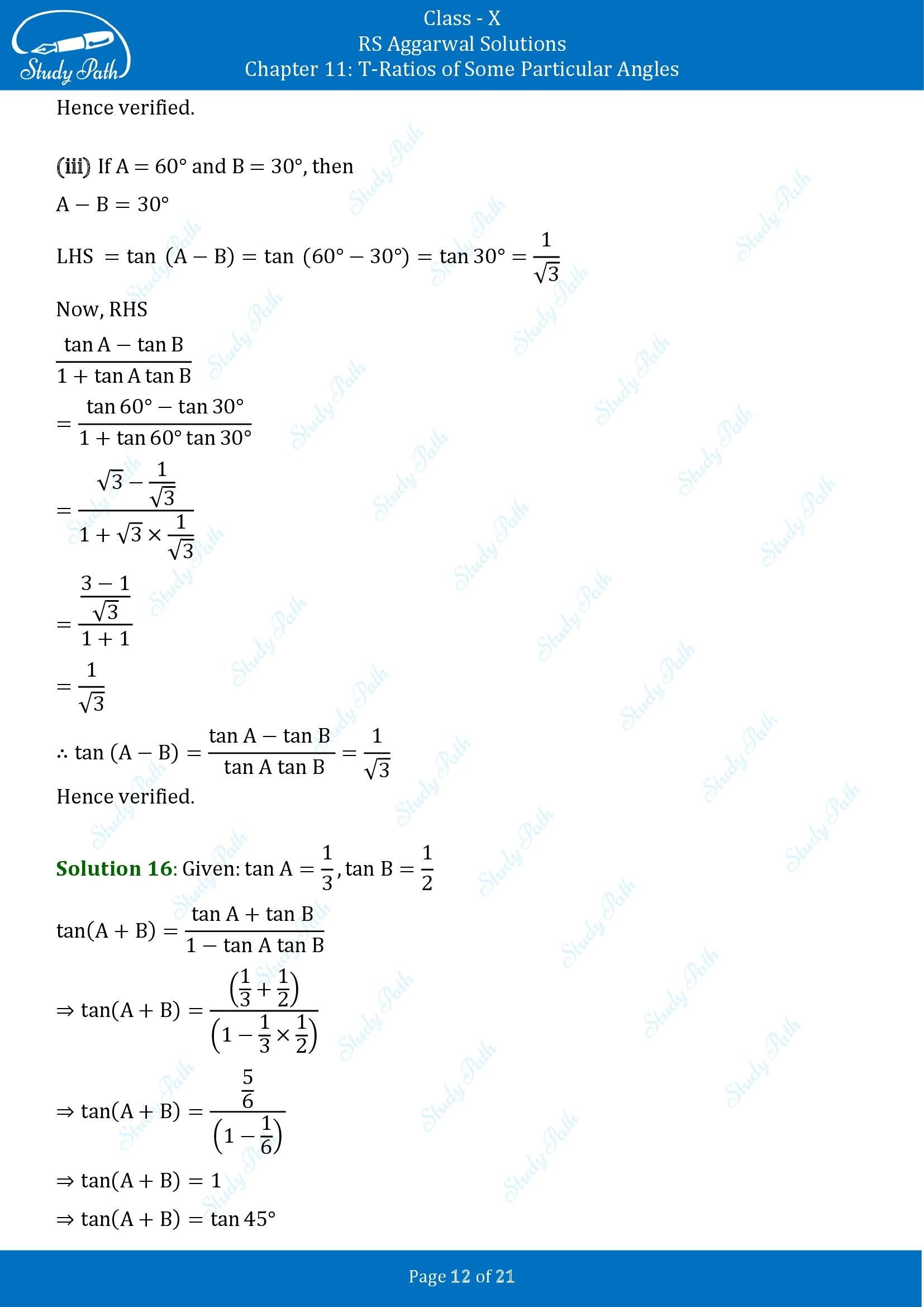 RS Aggarwal Solutions for Class 10 Chapter 11 T Ratios of Some Particular Angles Exercise 11 00012