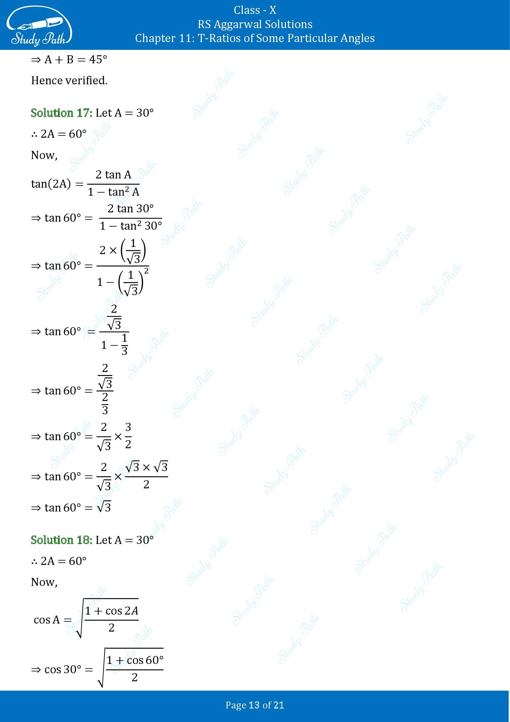 RS Aggarwal Solutions for Class 10 Chapter 11 T Ratios of Some Particular Angles Exercise 11 00013
