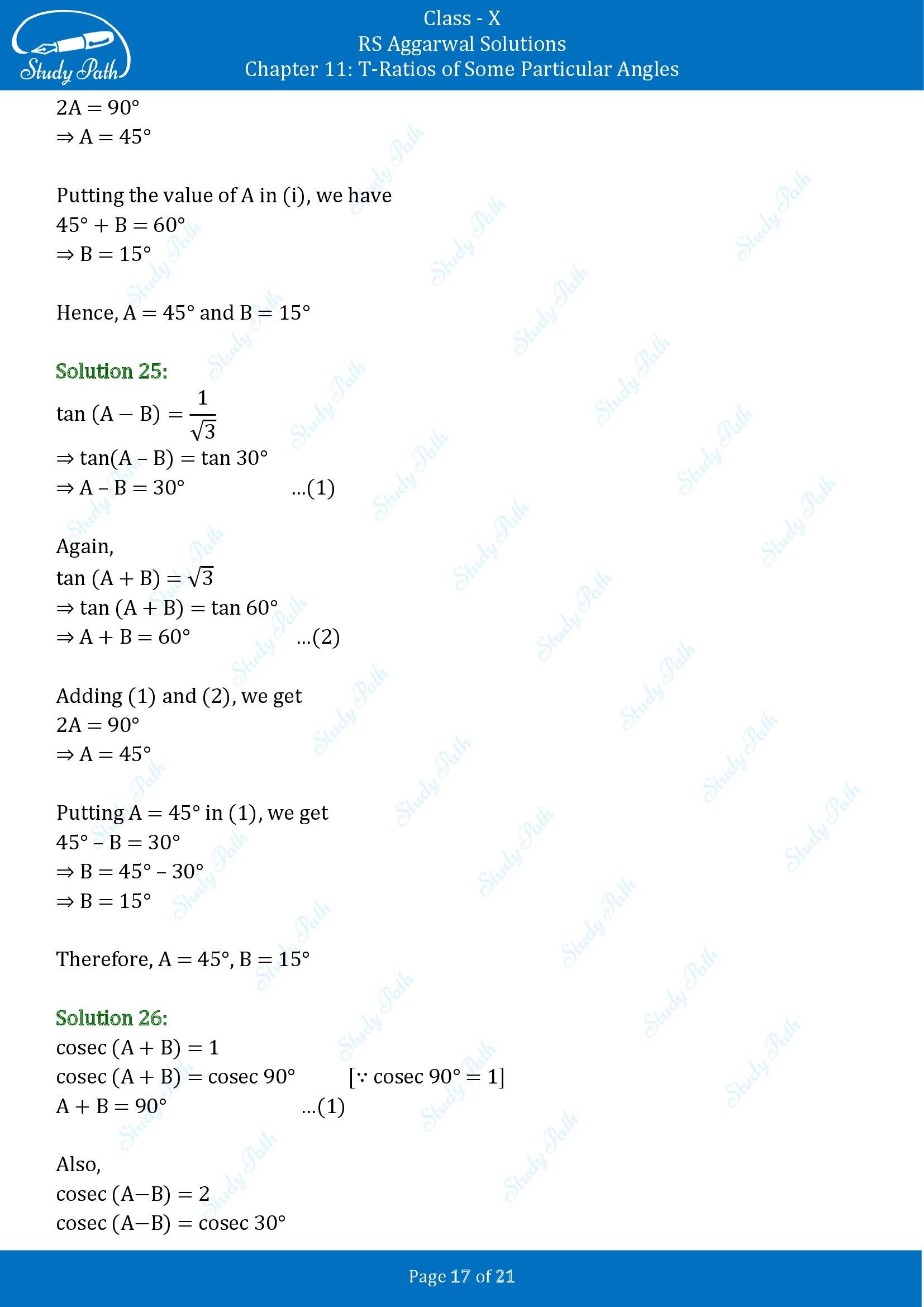 RS Aggarwal Solutions for Class 10 Chapter 11 T Ratios of Some Particular Angles Exercise 11 00017