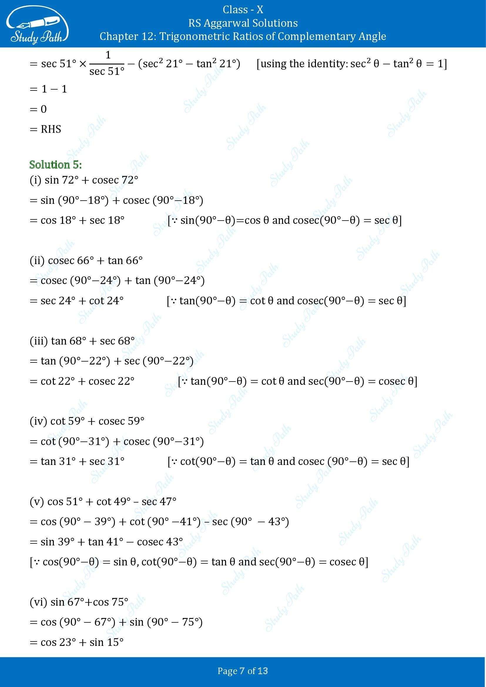 RS Aggarwal Solutions for Class 10 Chapter 12 Trigonometric Ratios of Some Complementary Angles Exercise 12 00007