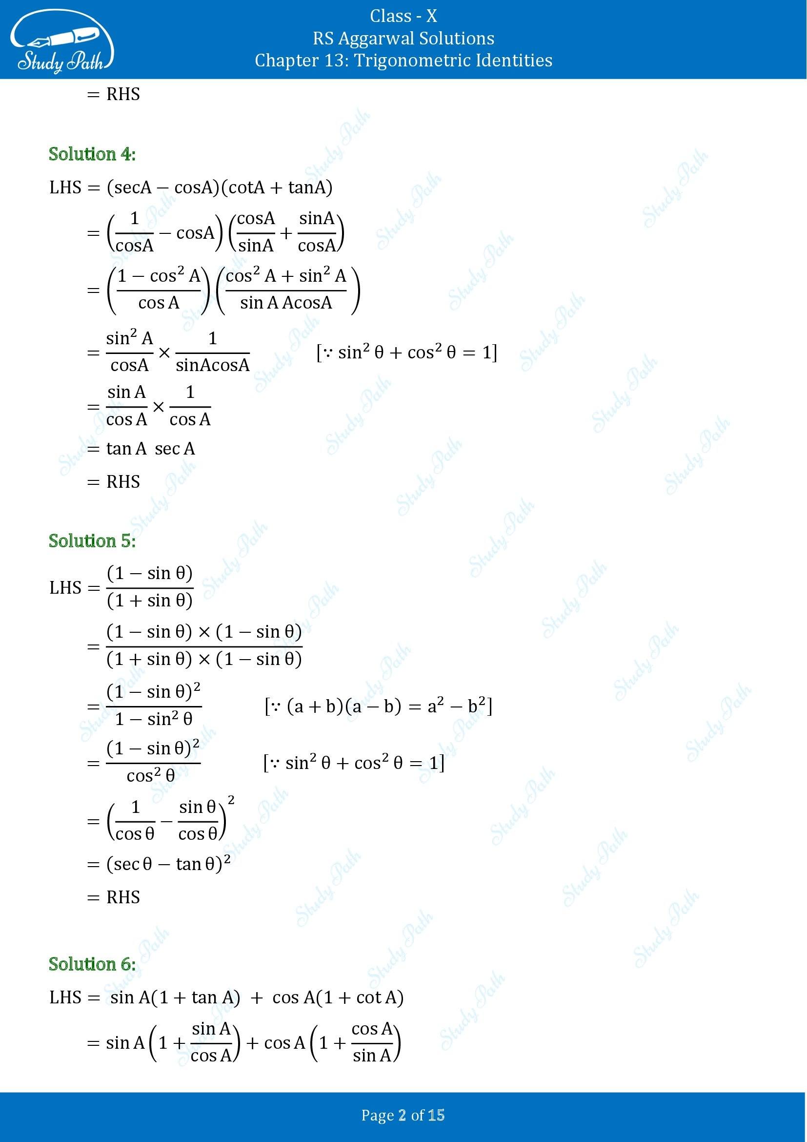 RS Aggarwal Solutions for Class 10 Chapter 13 Trigonometric Identities Exercise 13A 00002