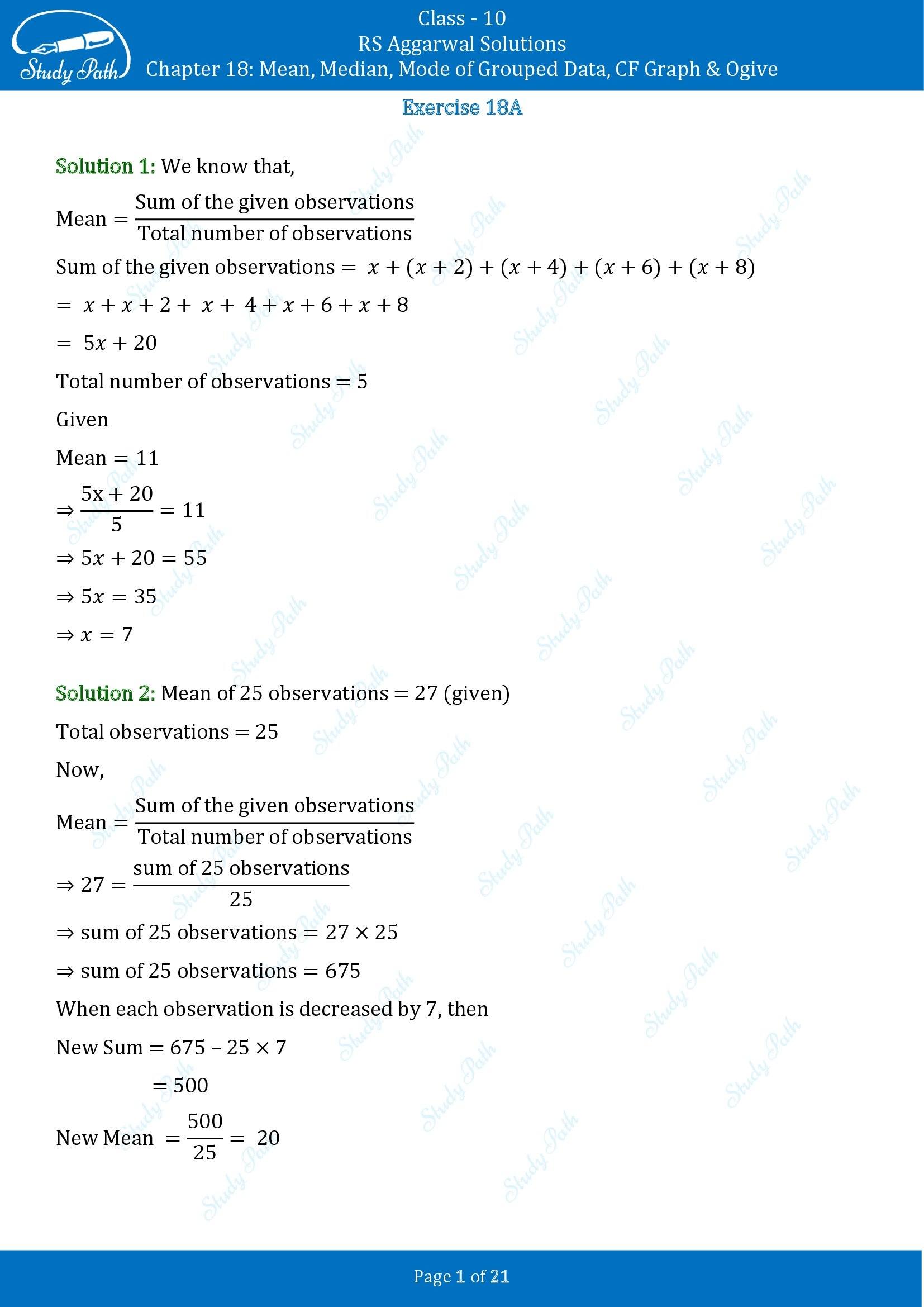 RS Aggarwal Solutions for Class 10 Chapter 18 Mean Median Mode CF and Ogive Exercise 18A 00001
