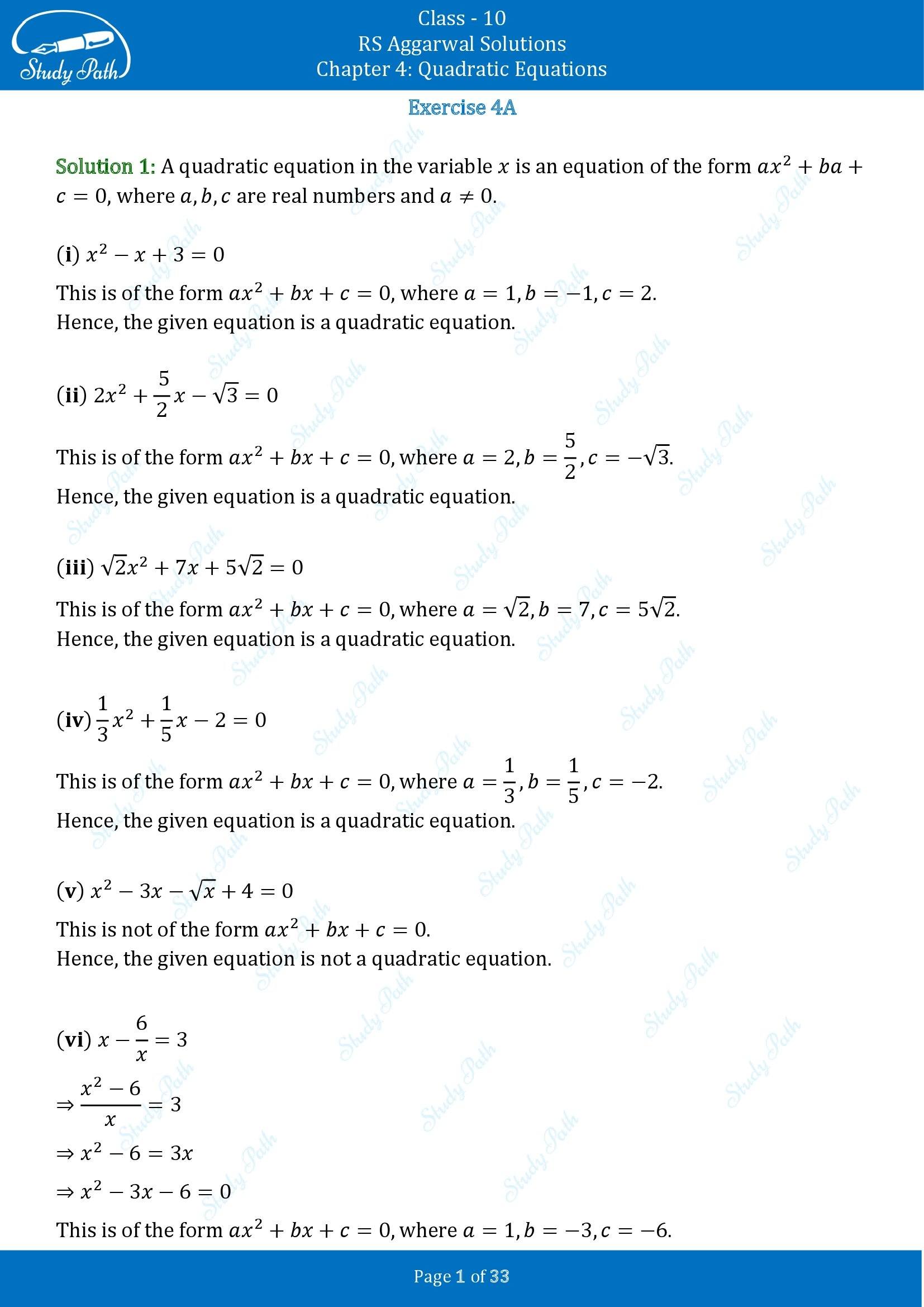 RS Aggarwal Solutions for Class 10 Chapter 4 Quadratic Equations Exercise 4A 00001