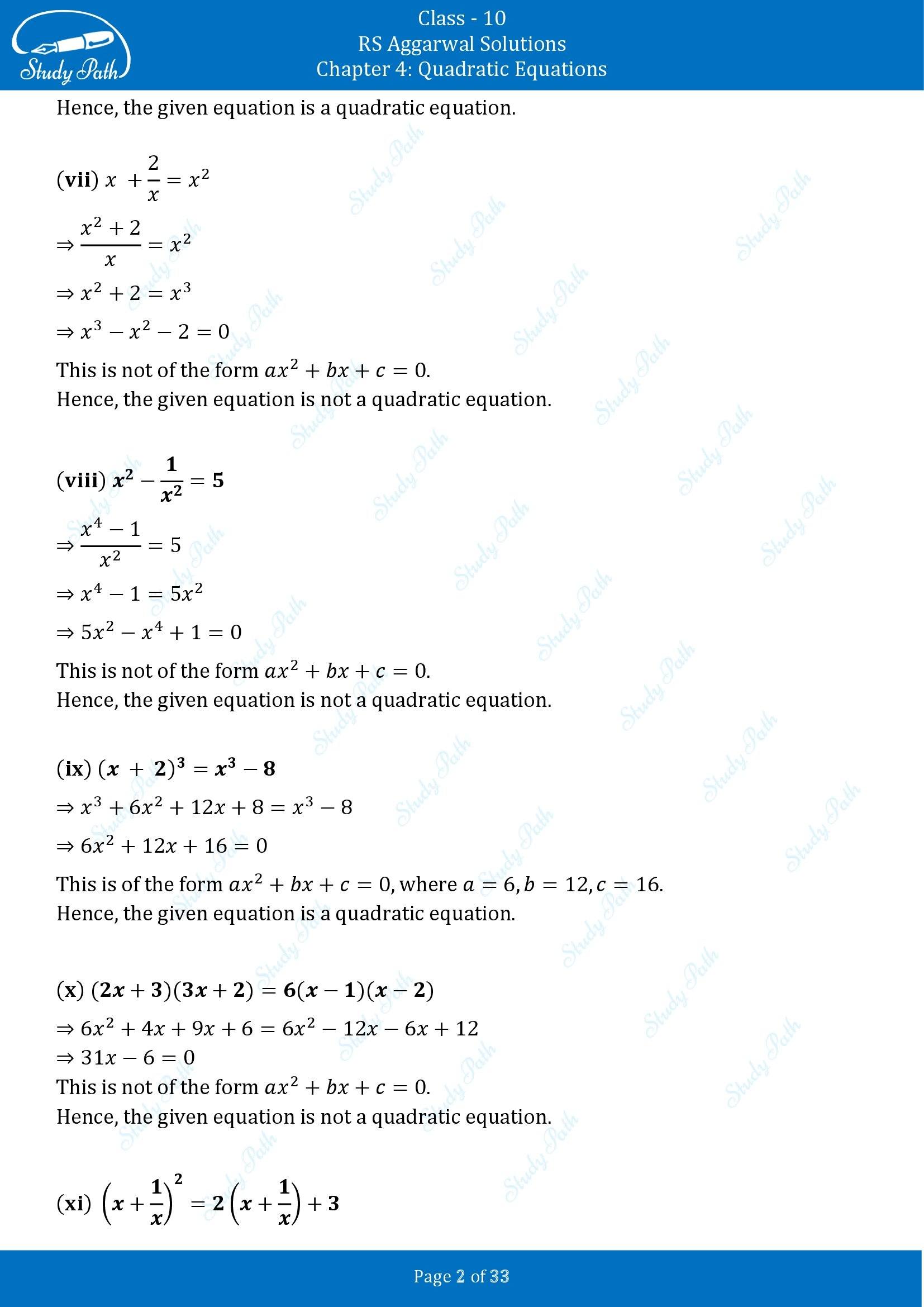 RS Aggarwal Solutions for Class 10 Chapter 4 Quadratic Equations Exercise 4A 00002