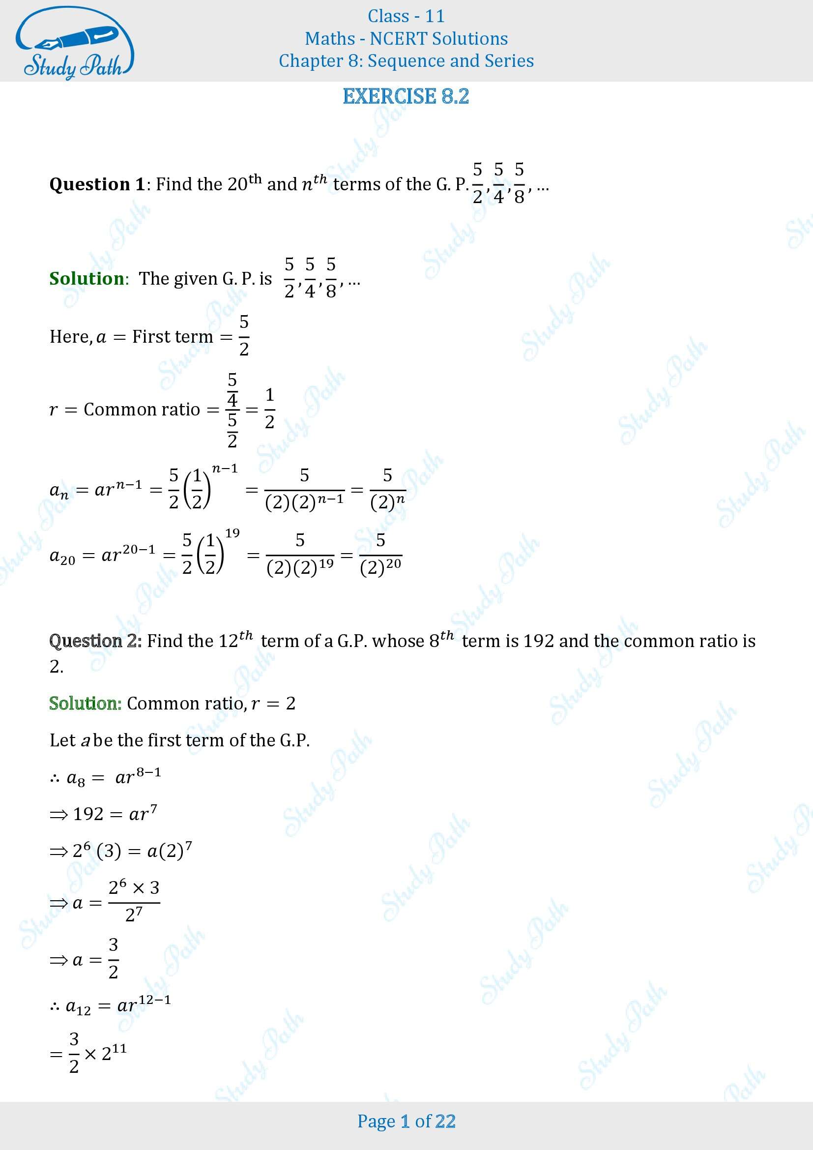 NCERT Solutions for Class 11 Maths Chapter 8 Sequences and Series Exercise 8.2 00001