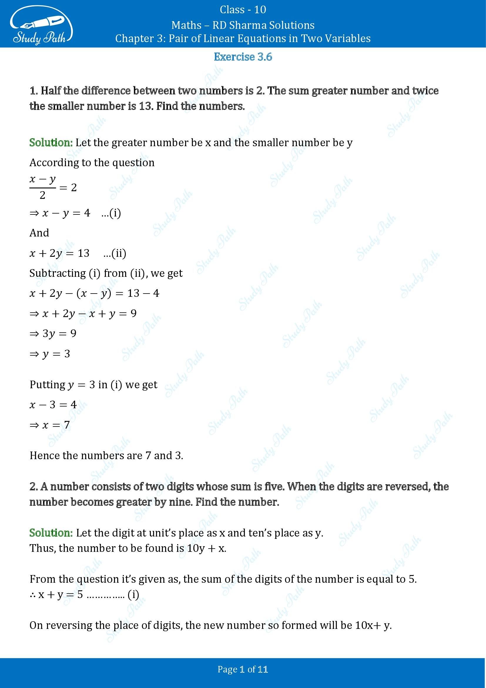RD Sharma Solutions Class 10 Chapter 3 Pair of Linear Equations in Two Variables Exercise 3.6 00001