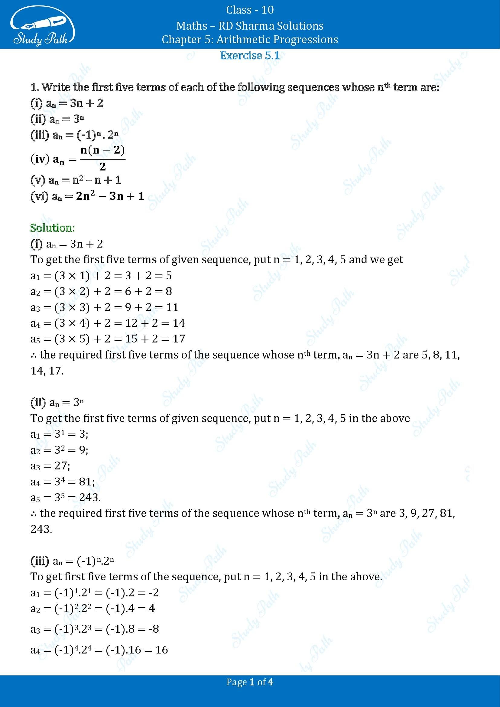 RD Sharma Solutions Class 10 Chapter 5 Arithmetic Progressions Exercise 5.1 00001