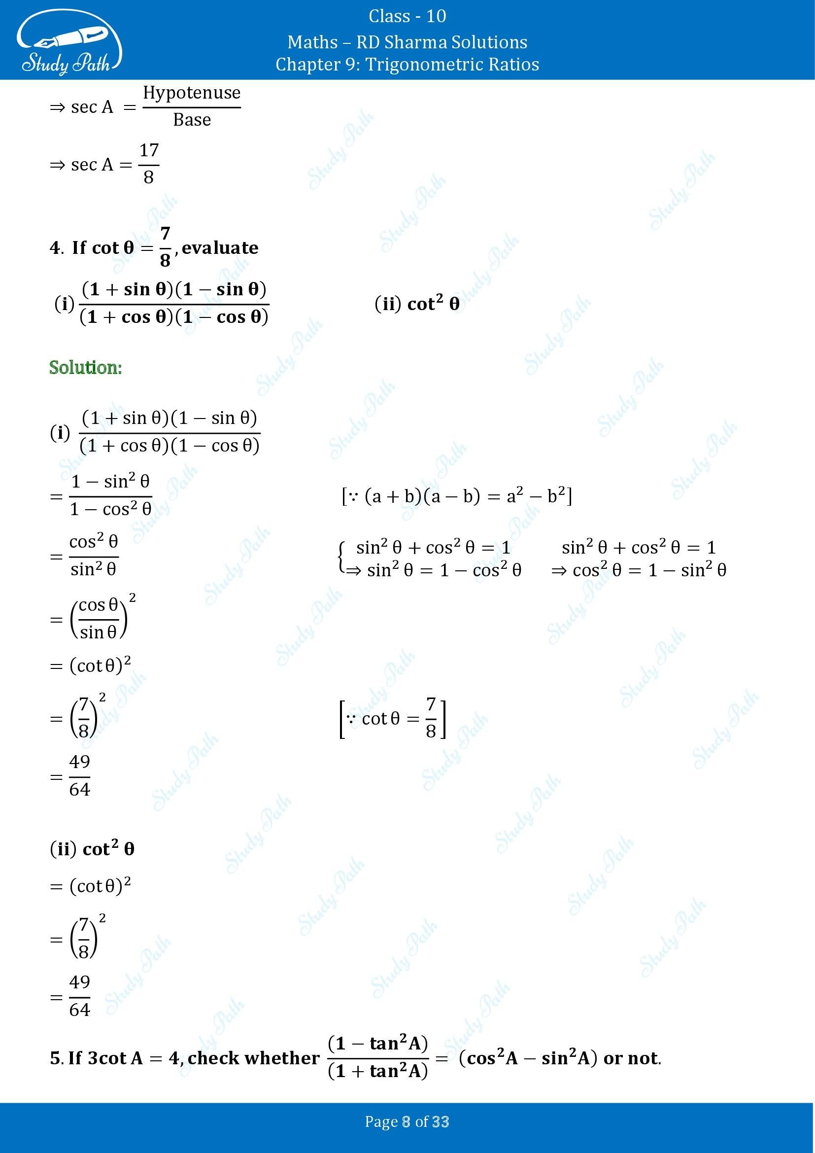 RD Sharma Solutions Class 10 Chapter 9 Trigonometric Ratios Exercise 9.1 00008