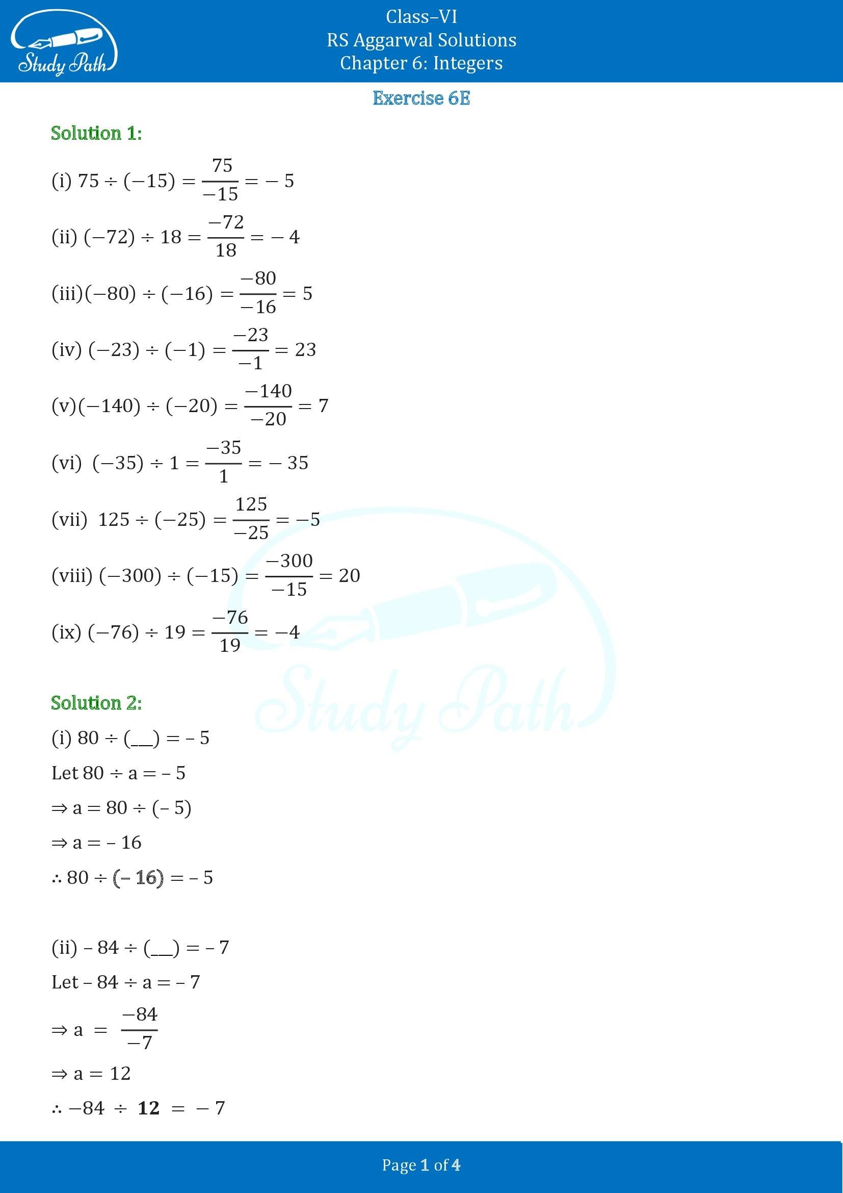RS Aggarwal Solutions Class 6 Chapter 6 Integers Exercise 6E 00001