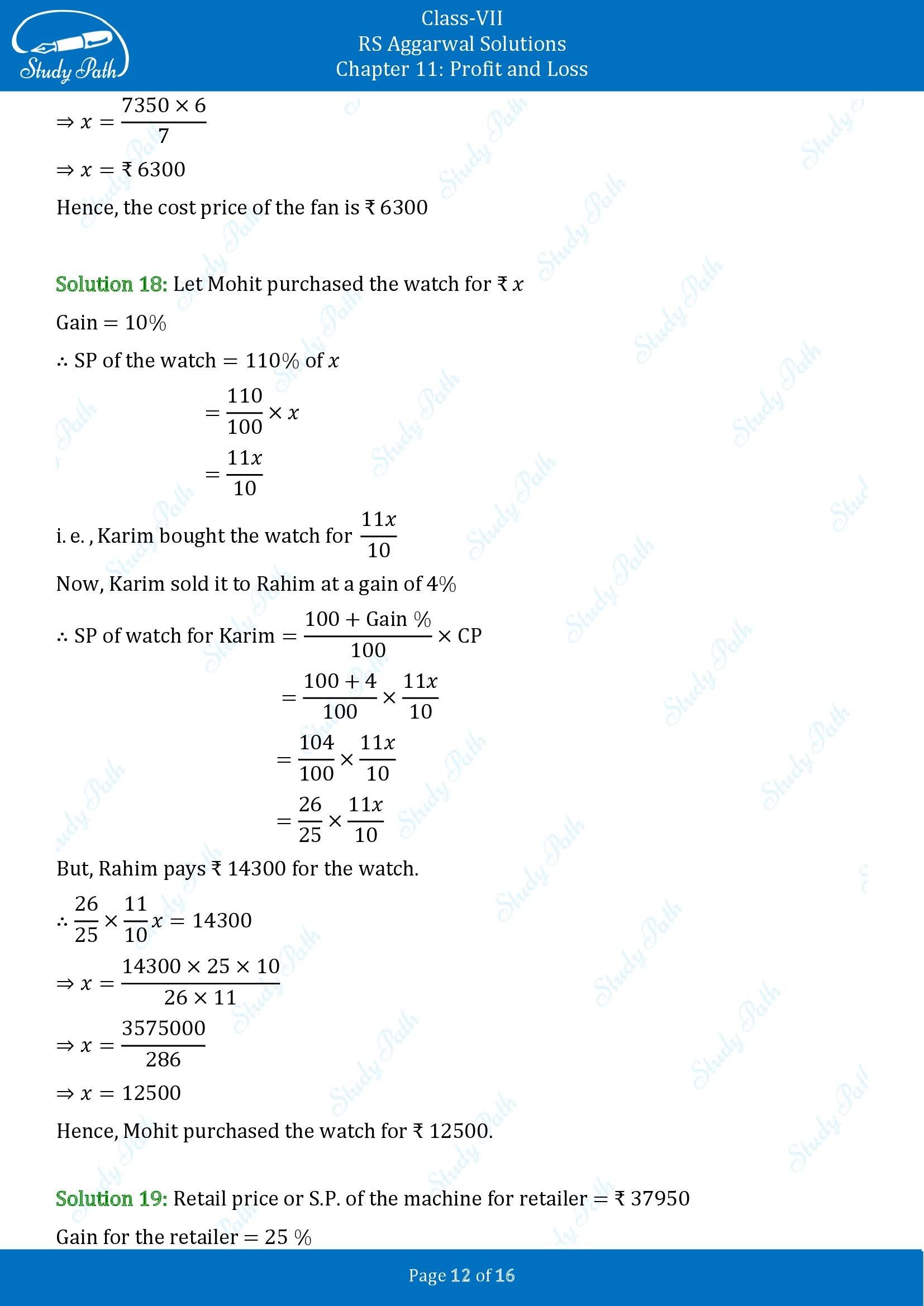 RS Aggarwal Solutions Class 7 Chapter 11 Profit and Loss Exercise 11A 00012