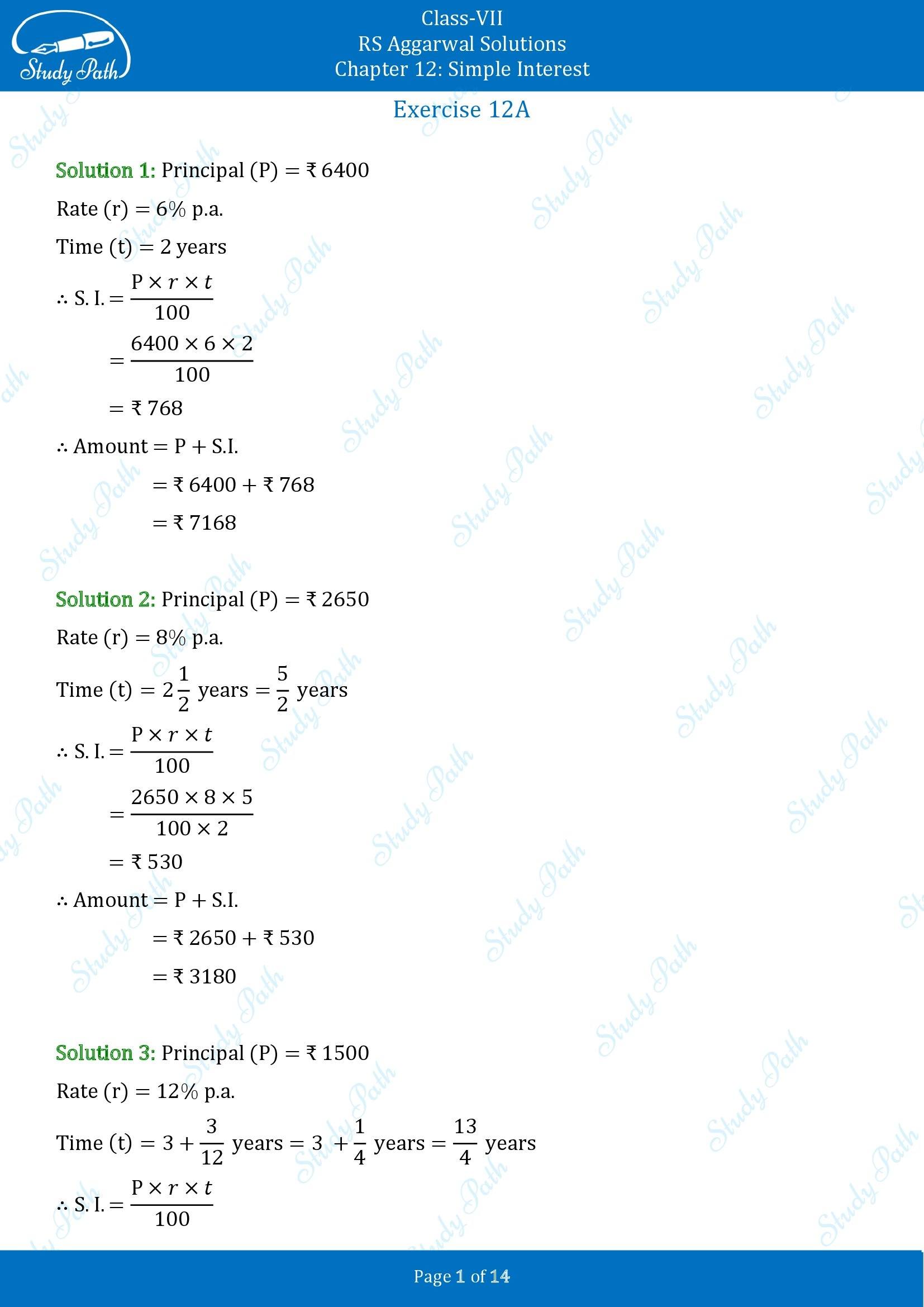 RS Aggarwal Solutions Class 7 Chapter 12 Simple Interest Exercise 12A 00001