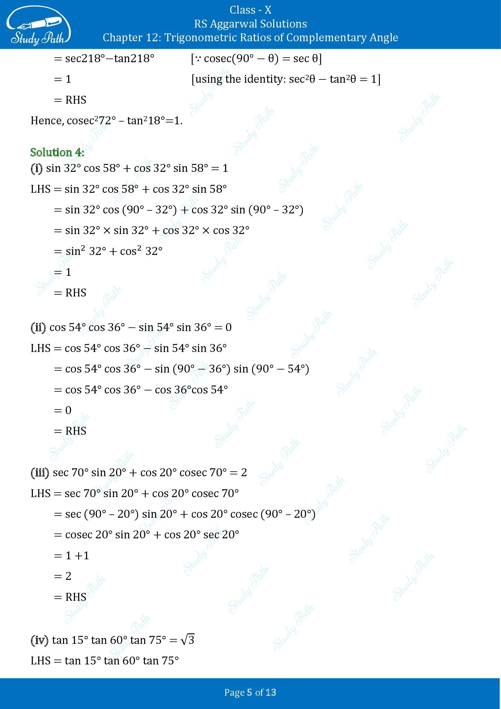 RS Aggarwal Solutions for Class 10 Chapter 12 Trigonometric Ratios of Some Complementary Angles Exercise 12 00005