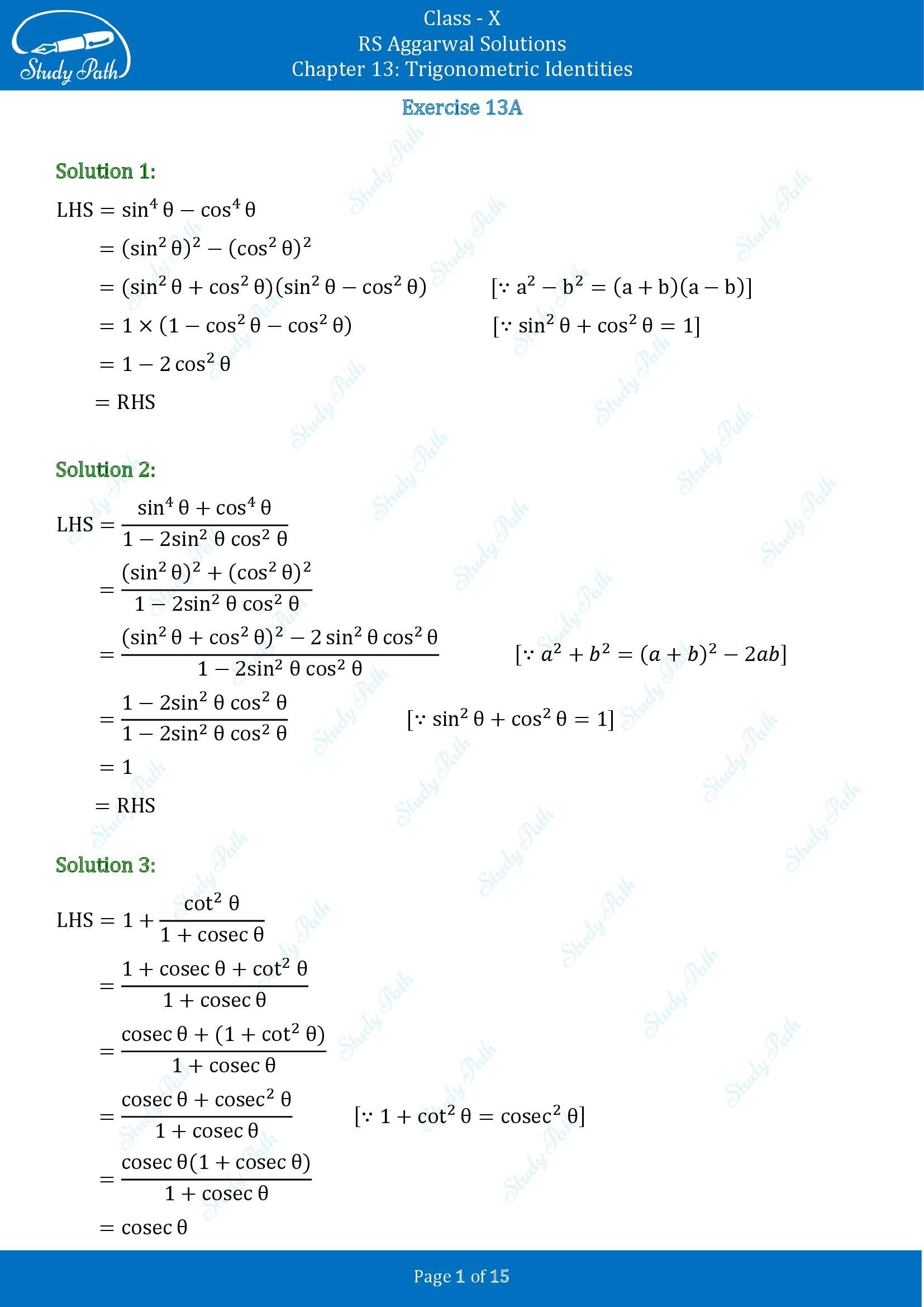RS Aggarwal Solutions for Class 10 Chapter 13 Trigonometric Identities Exercise 13A 00001
