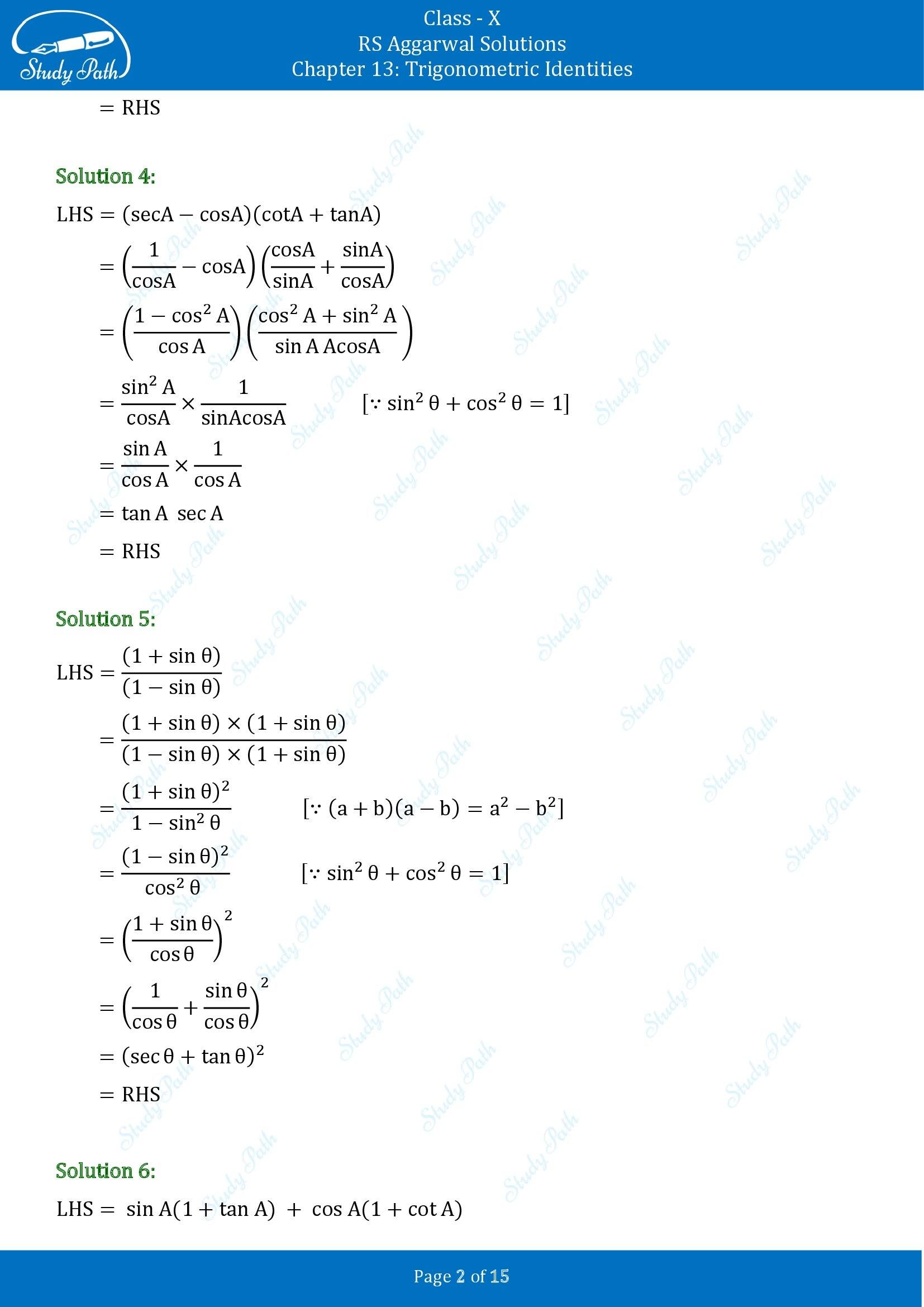 RS Aggarwal Solutions for Class 10 Chapter 13 Trigonometric Identities Exercise 13A 00002
