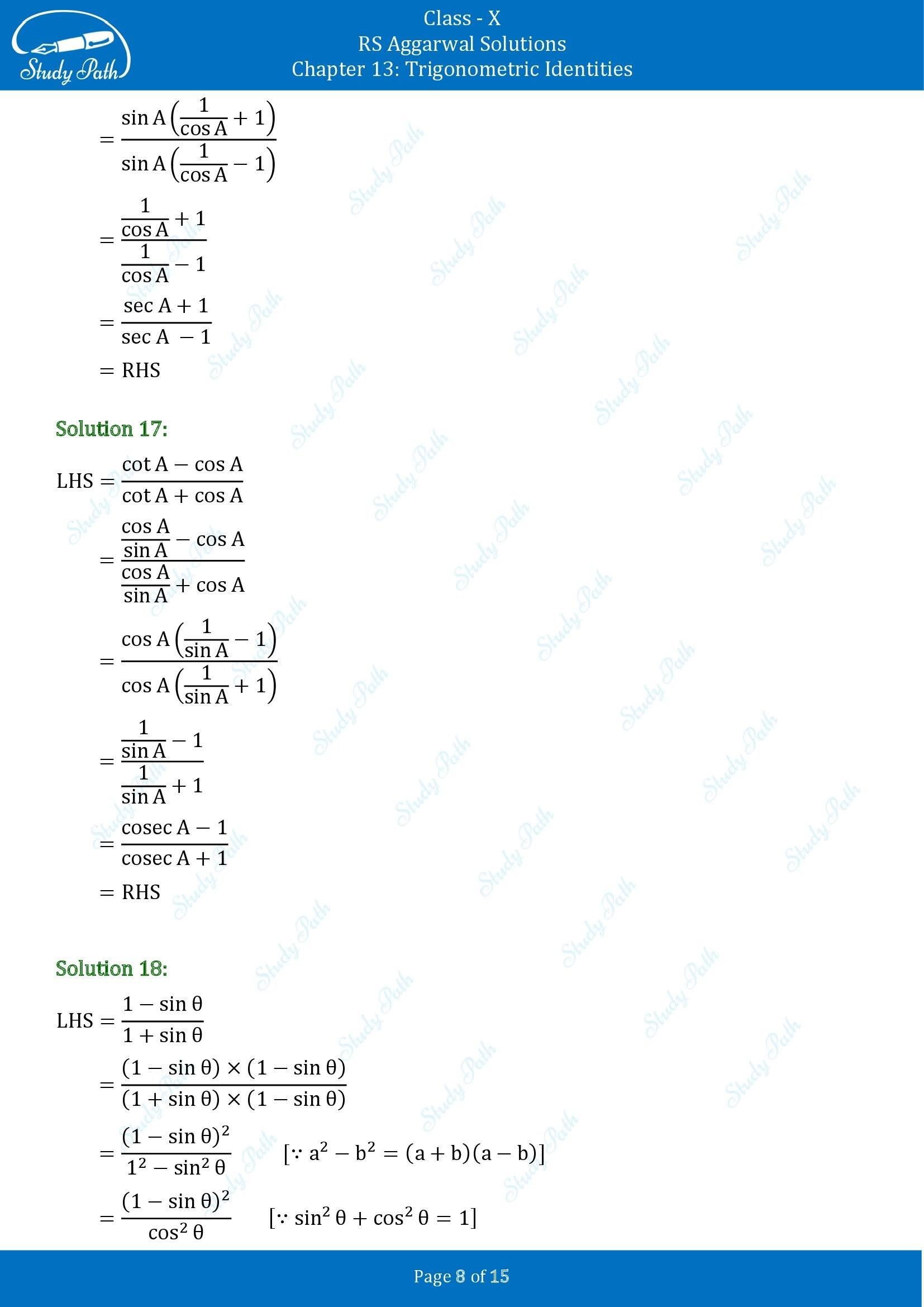 RS Aggarwal Solutions for Class 10 Chapter 13 Trigonometric Identities Exercise 13A 00008