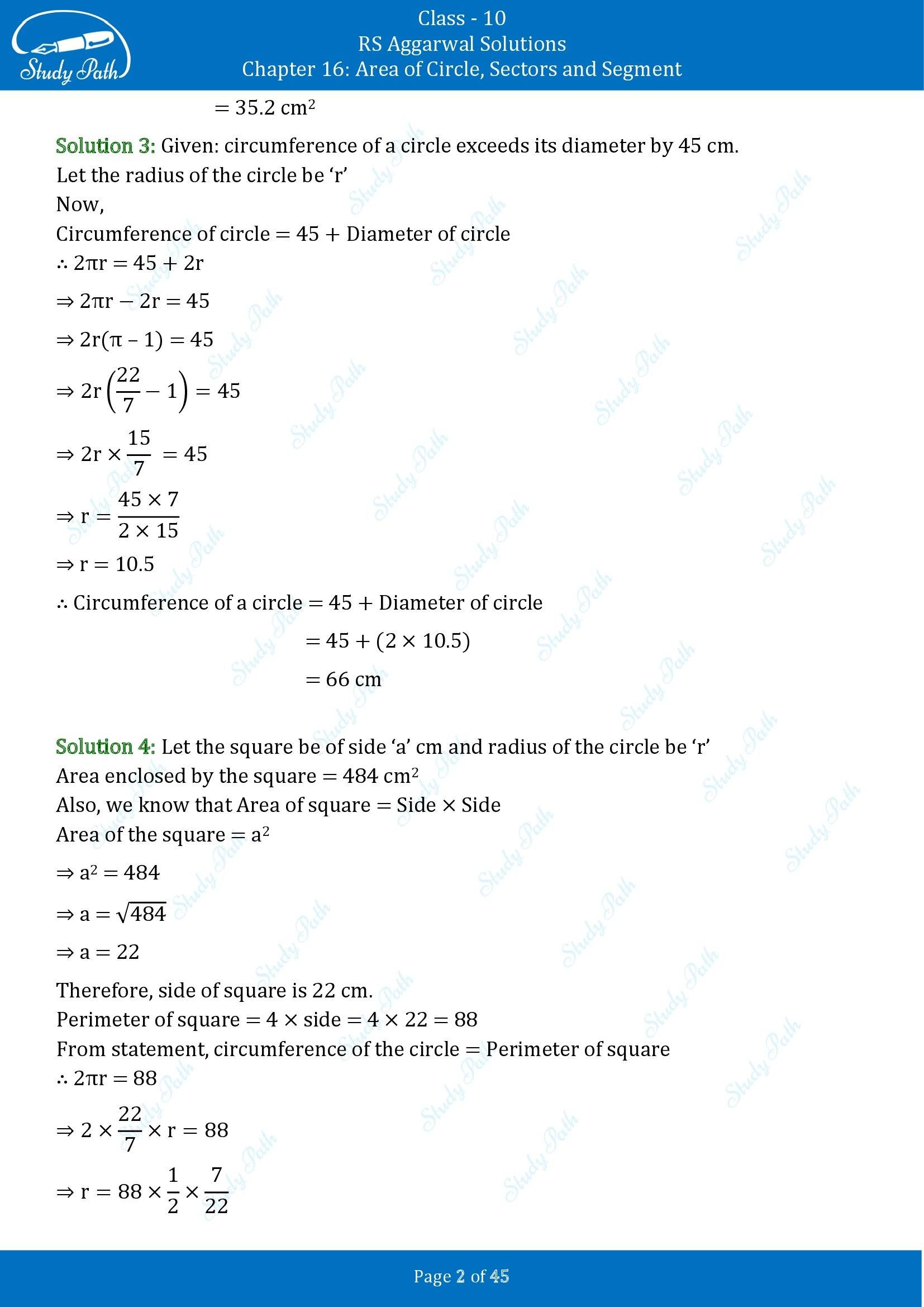 RS Aggarwal Solutions for Class 10 Chapter 16 Area of Circle Sector and Segment Exercise 16A 00002
