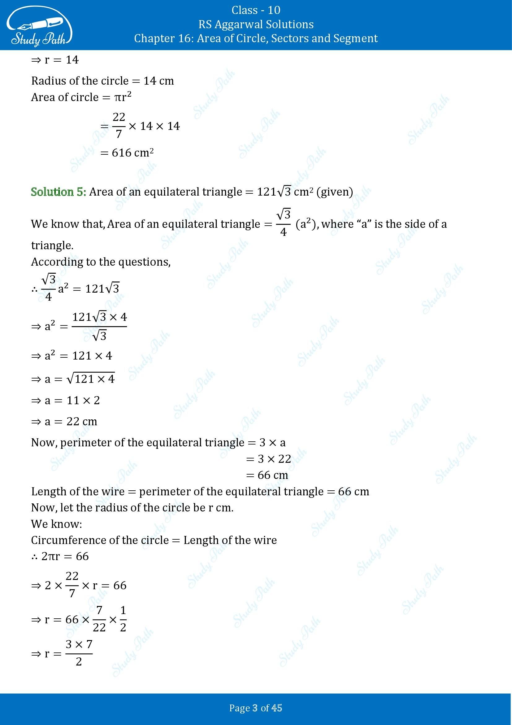 RS Aggarwal Solutions for Class 10 Chapter 16 Area of Circle Sector and Segment Exercise 16A 00003
