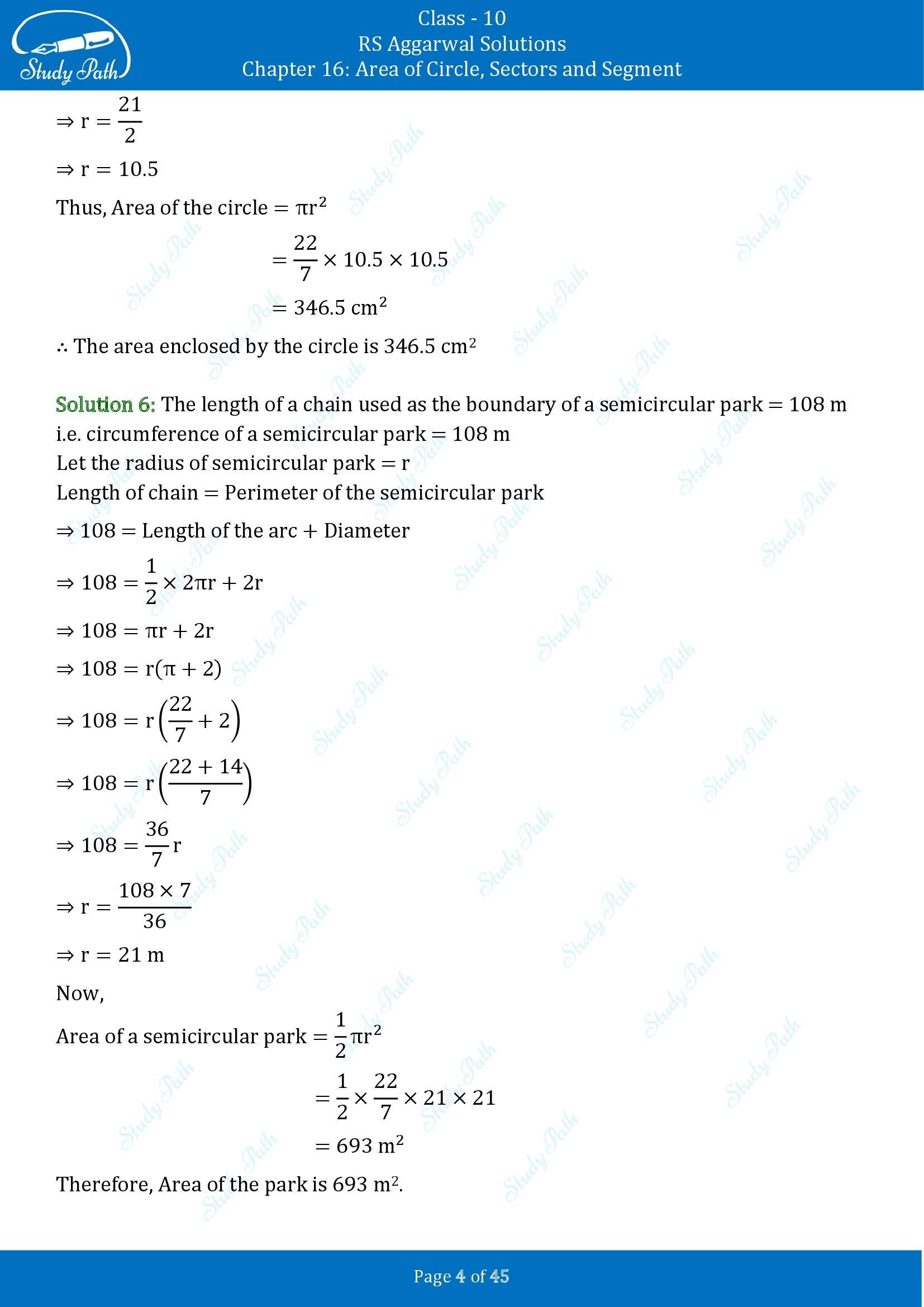 RS Aggarwal Solutions for Class 10 Chapter 16 Area of Circle Sector and Segment Exercise 16A 00004