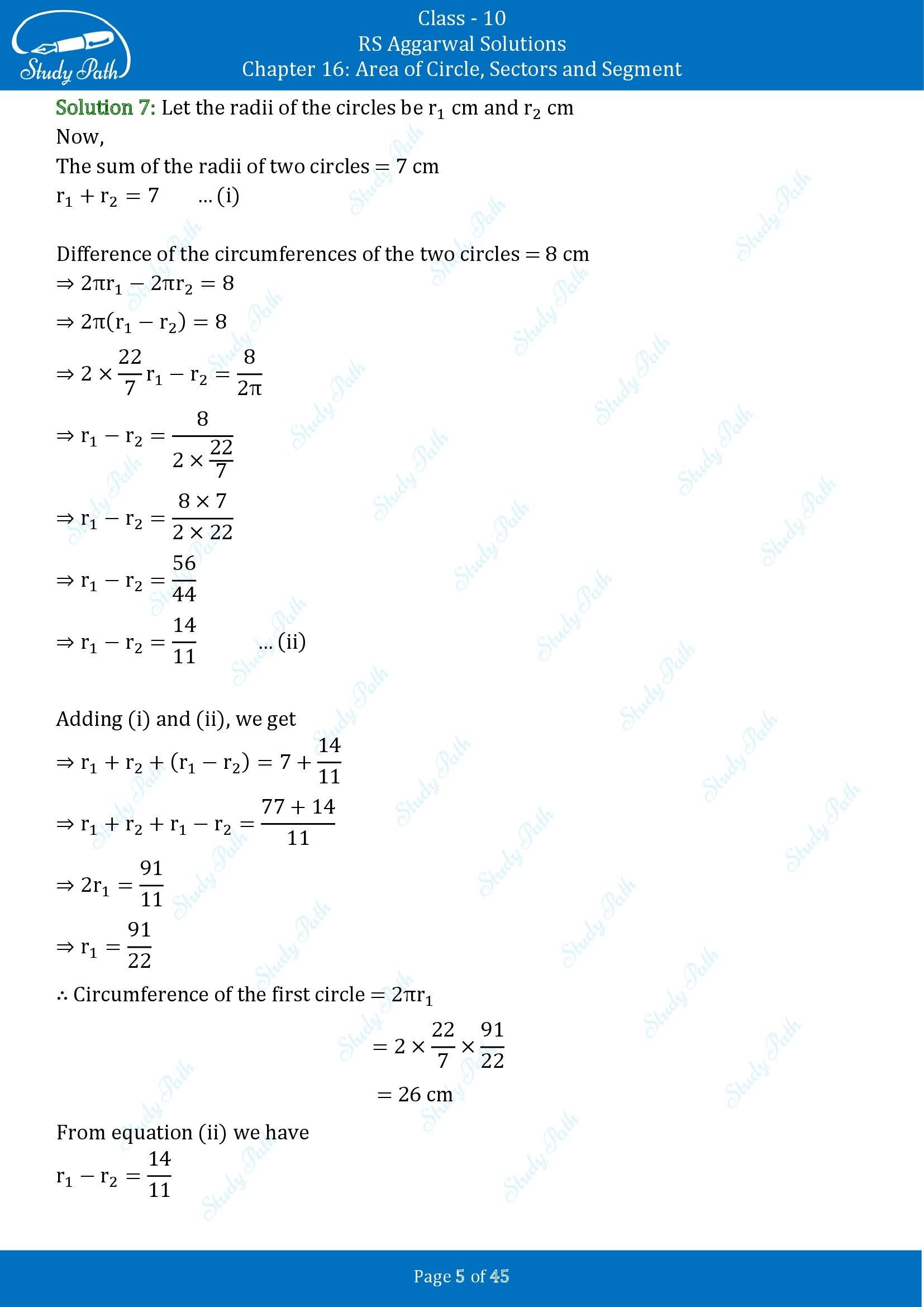 RS Aggarwal Solutions for Class 10 Chapter 16 Area of Circle Sector and Segment Exercise 16A 00005