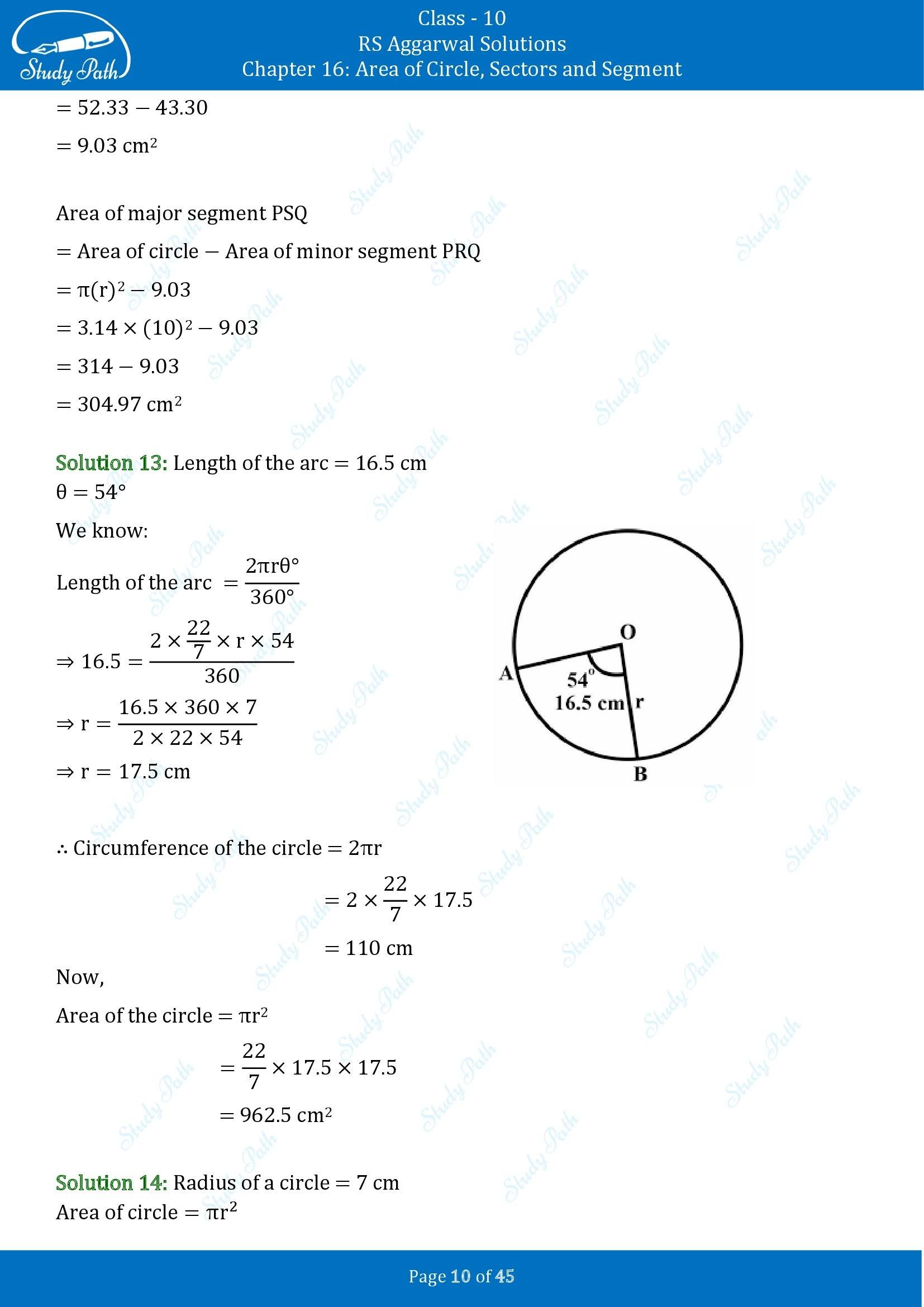 RS Aggarwal Solutions for Class 10 Chapter 16 Area of Circle Sector and Segment Exercise 16A 00010
