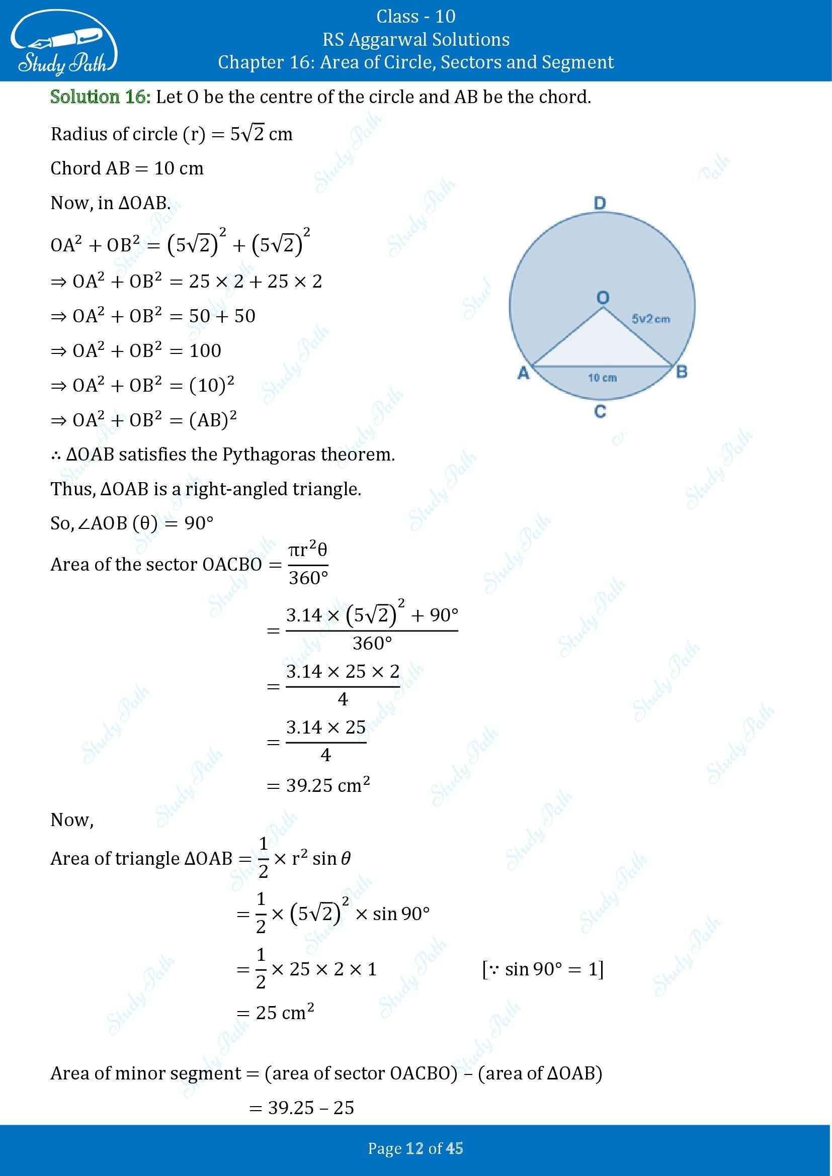 RS Aggarwal Solutions for Class 10 Chapter 16 Area of Circle Sector and Segment Exercise 16A 00012