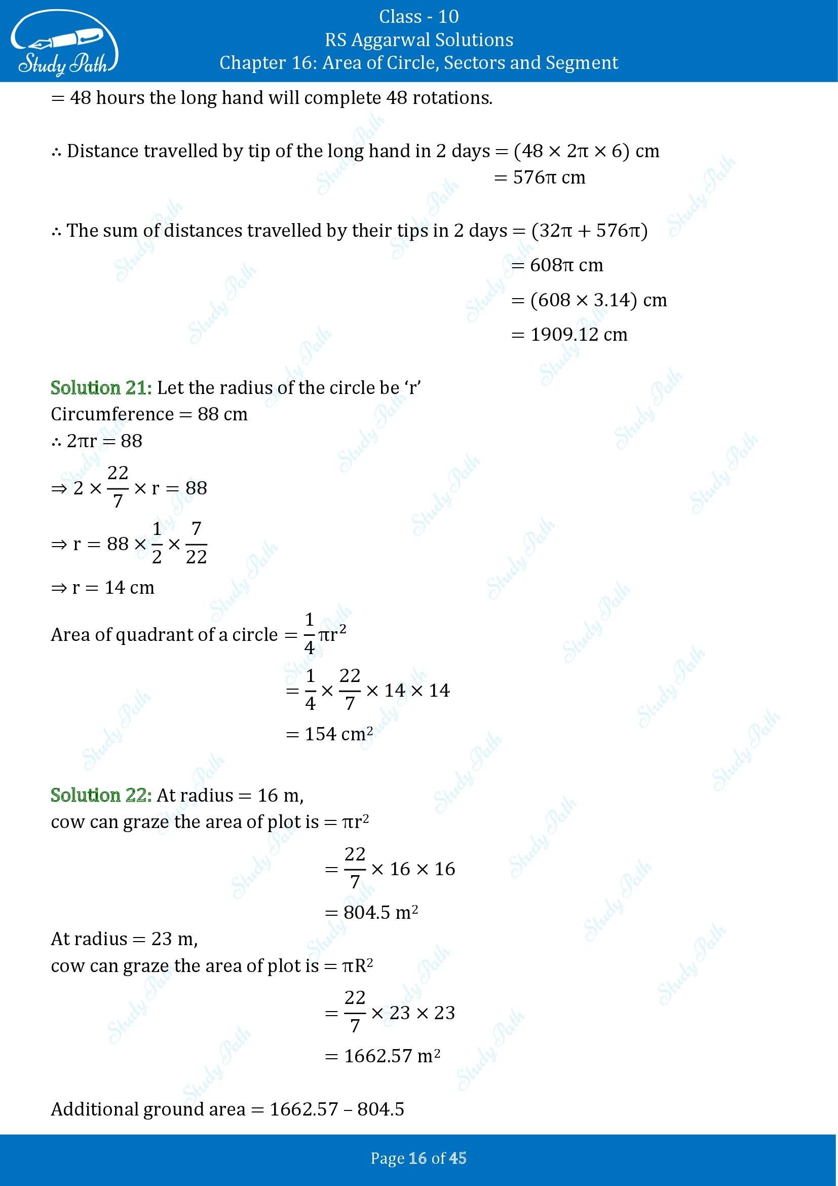 RS Aggarwal Solutions for Class 10 Chapter 16 Area of Circle Sector and Segment Exercise 16A 00016