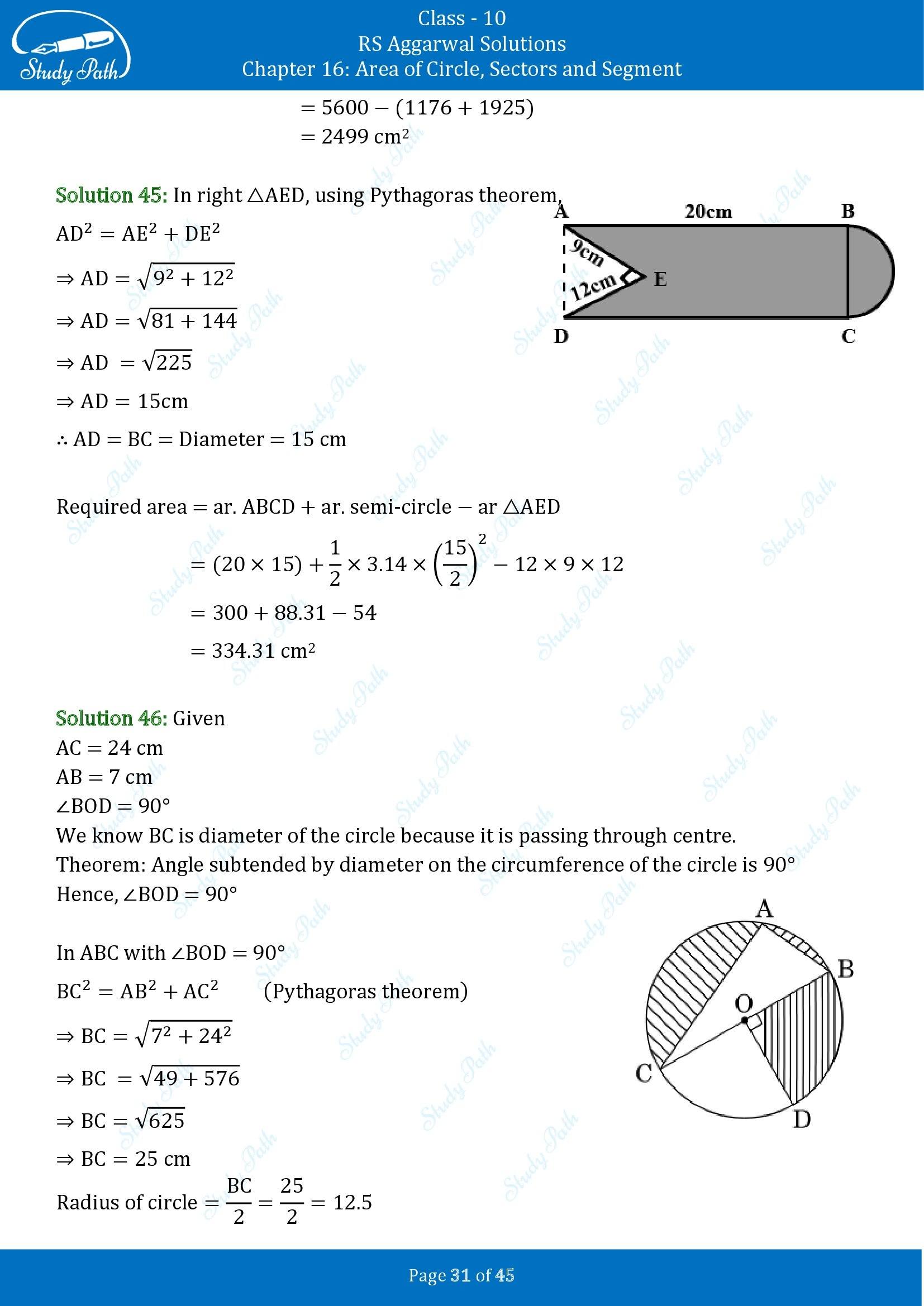 RS Aggarwal Solutions for Class 10 Chapter 16 Area of Circle Sector and Segment Exercise 16A 00031