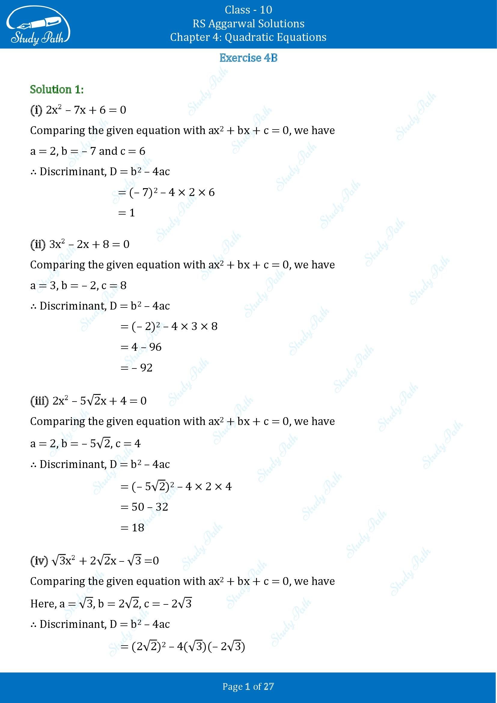 RS Aggarwal Solutions for Class 10 Chapter 4 Quadratic Equations Exercise 4B 00001
