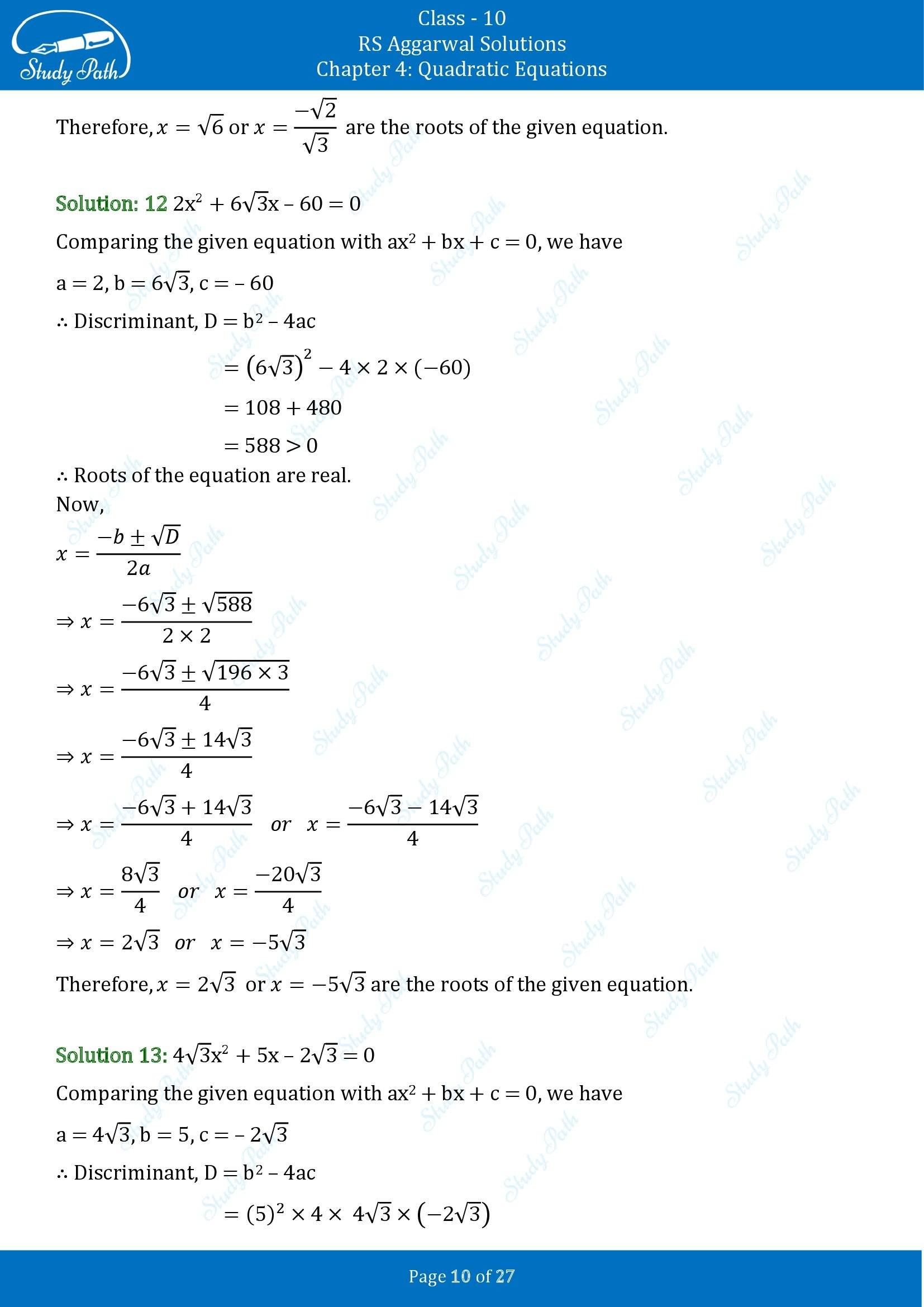 RS Aggarwal Solutions for Class 10 Chapter 4 Quadratic Equations Exercise 4B 00010