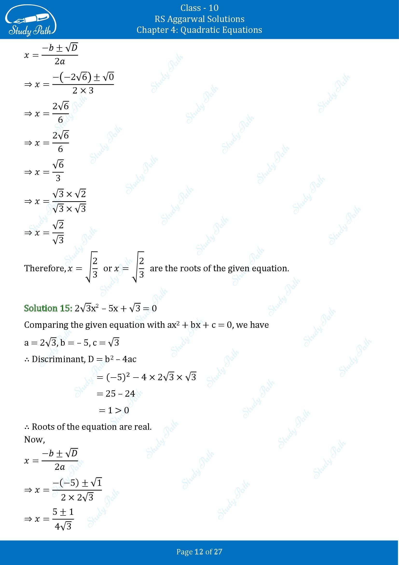 RS Aggarwal Solutions for Class 10 Chapter 4 Quadratic Equations Exercise 4B 00012
