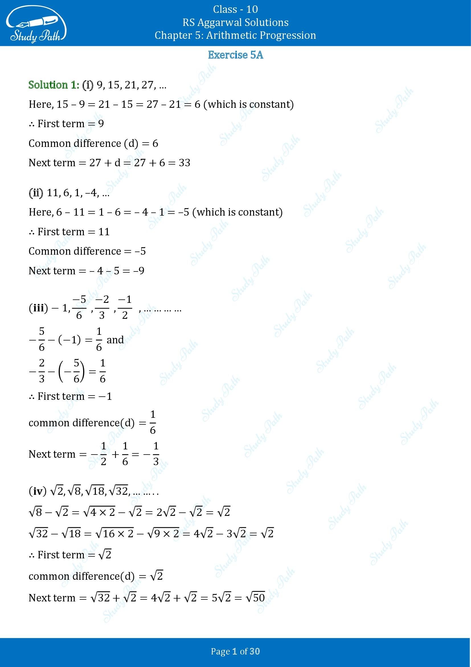 RS Aggarwal Solutions for Class 10 Chapter 5 Arithmetic Progression Exercise 5A 00001