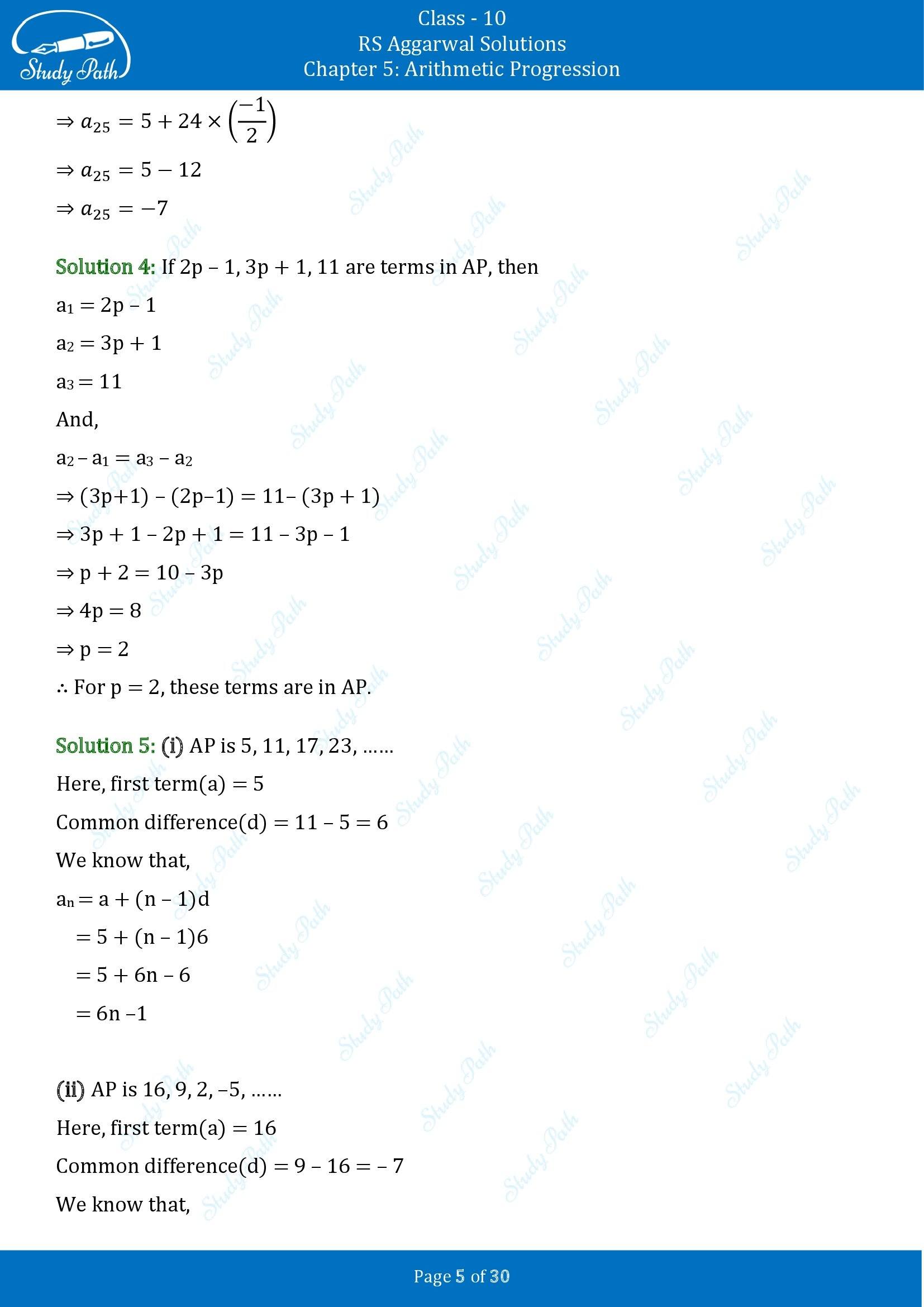 RS Aggarwal Solutions for Class 10 Chapter 5 Arithmetic Progression Exercise 5A 00005