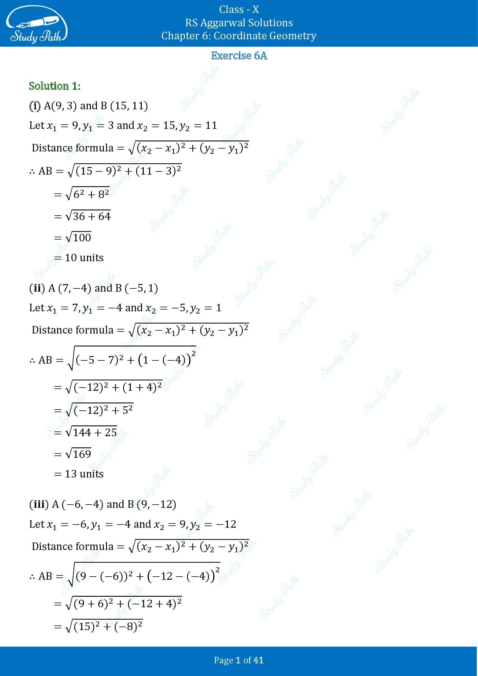 RS Aggarwal Solutions for Class 10 Chapter 6 Coordinate Geometry Exercise 6A 00001