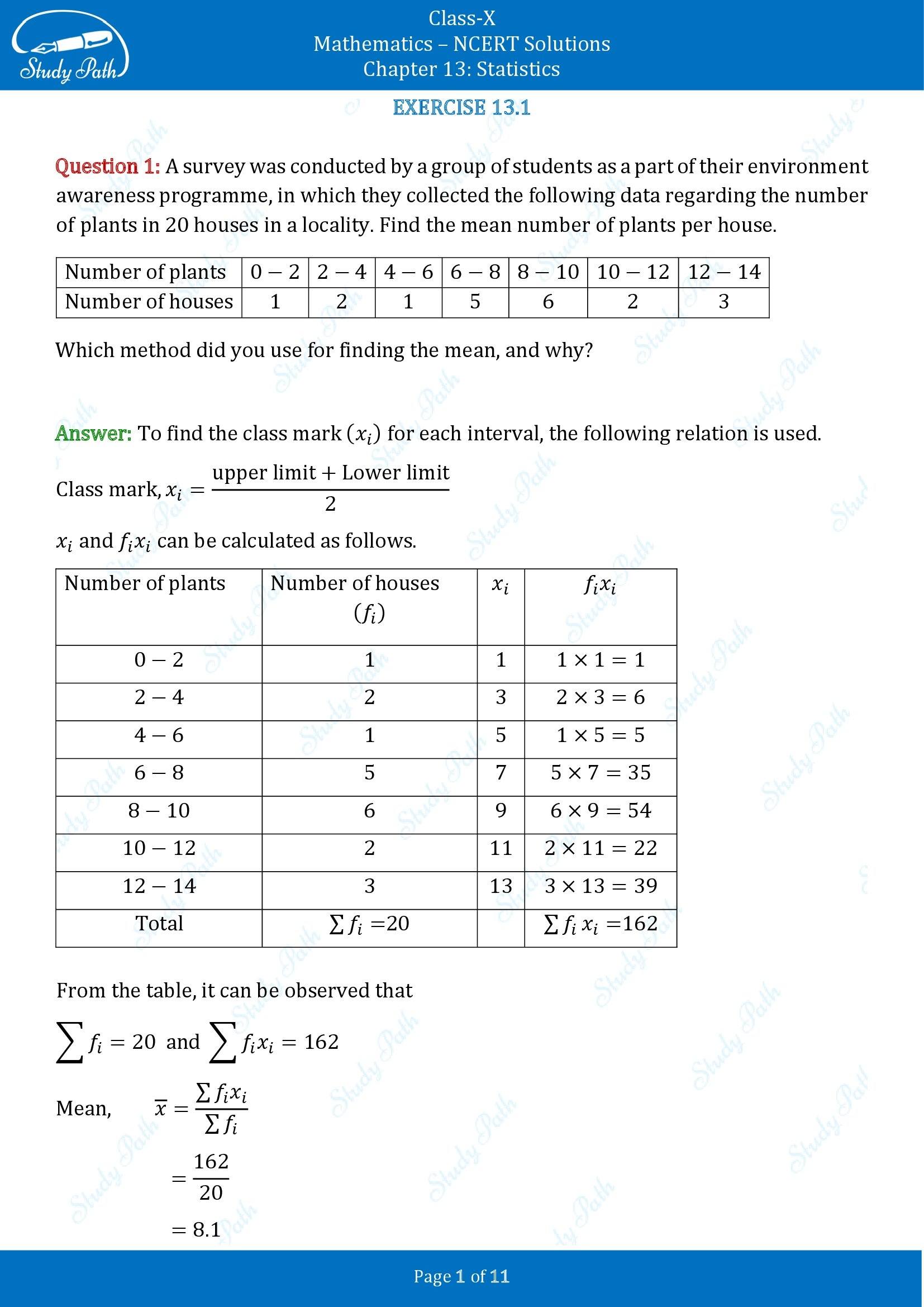 NCERT Solutions for Class 10 Maths Chapter 13 Statistics Exercise 13.1 00001