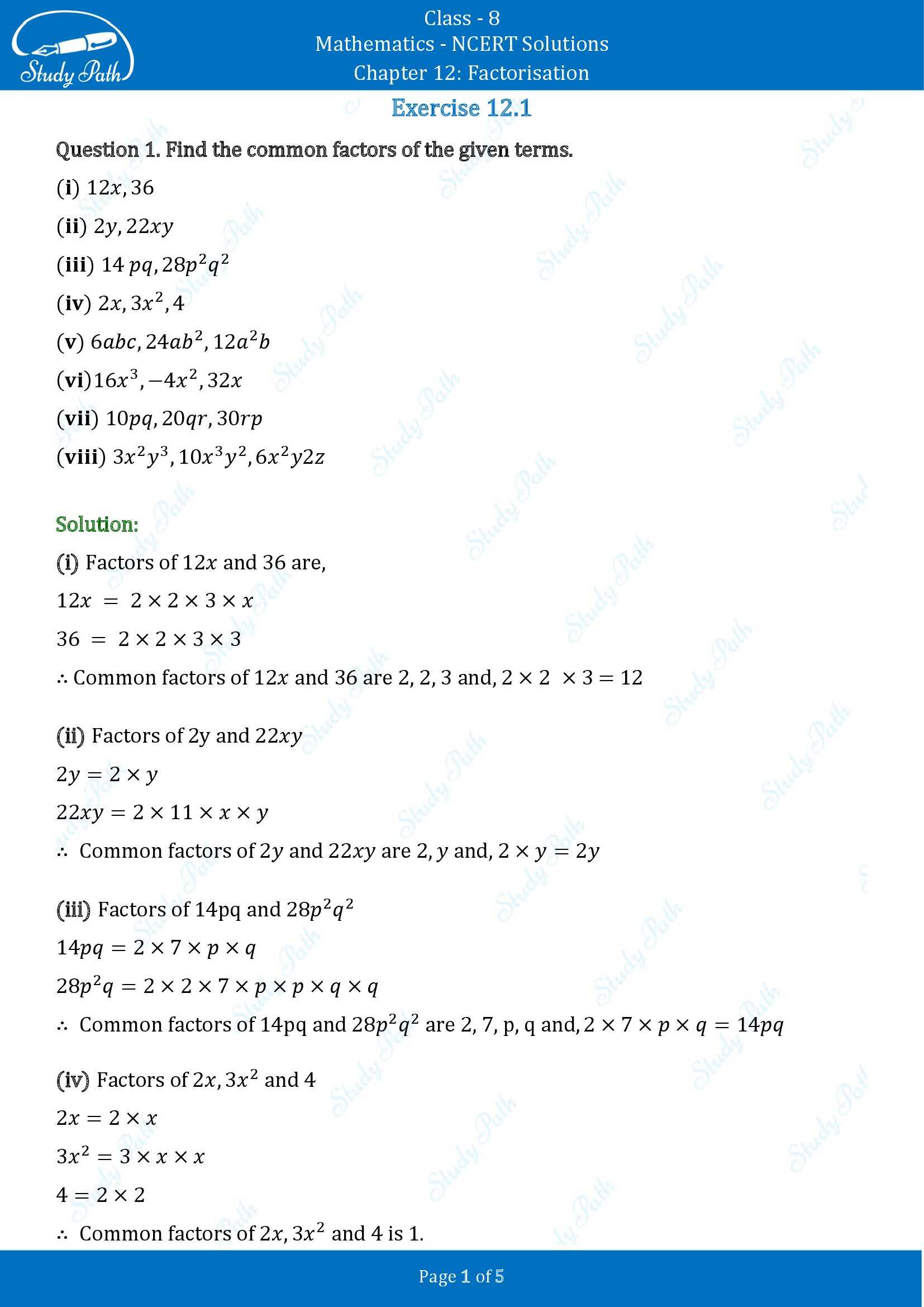 NCERT Solutions for Class 8 Maths Chapter 12 Factorisation Exercise 12.1 00001