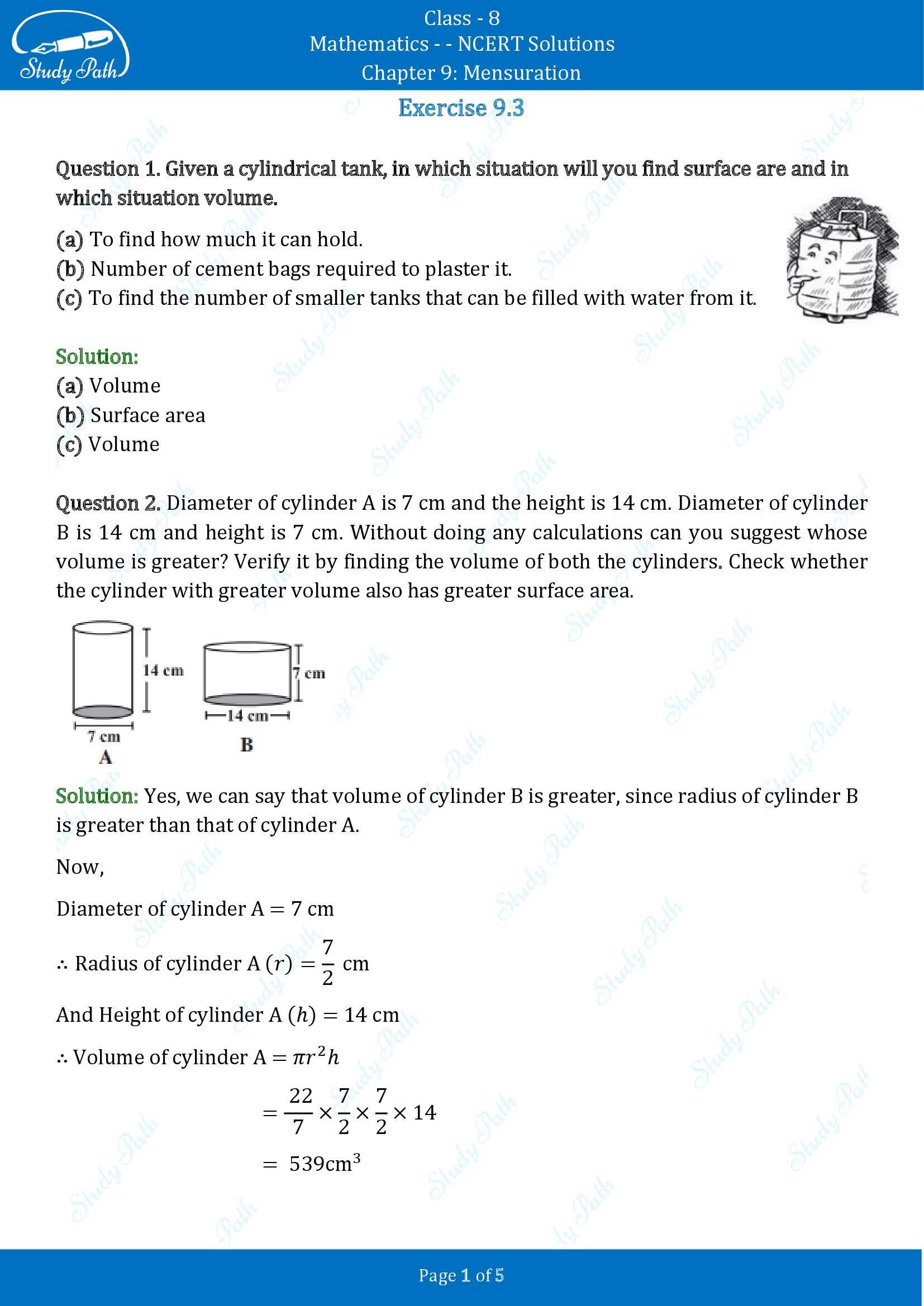 NCERT Solutions for Class 8 Maths Chapter 9 Mensuration Exercise 9.3 00001
