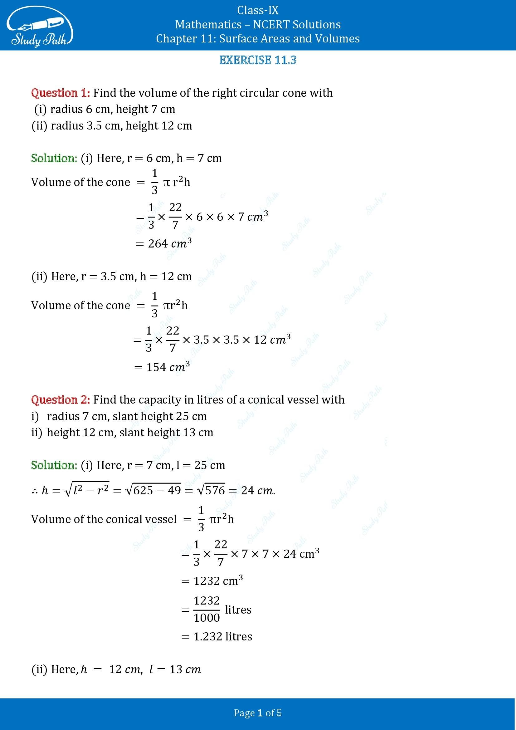 NCERT Solutions for Class 9 Maths Chapter 11 Surface Areas and Volumes Exercise 11.3 00001