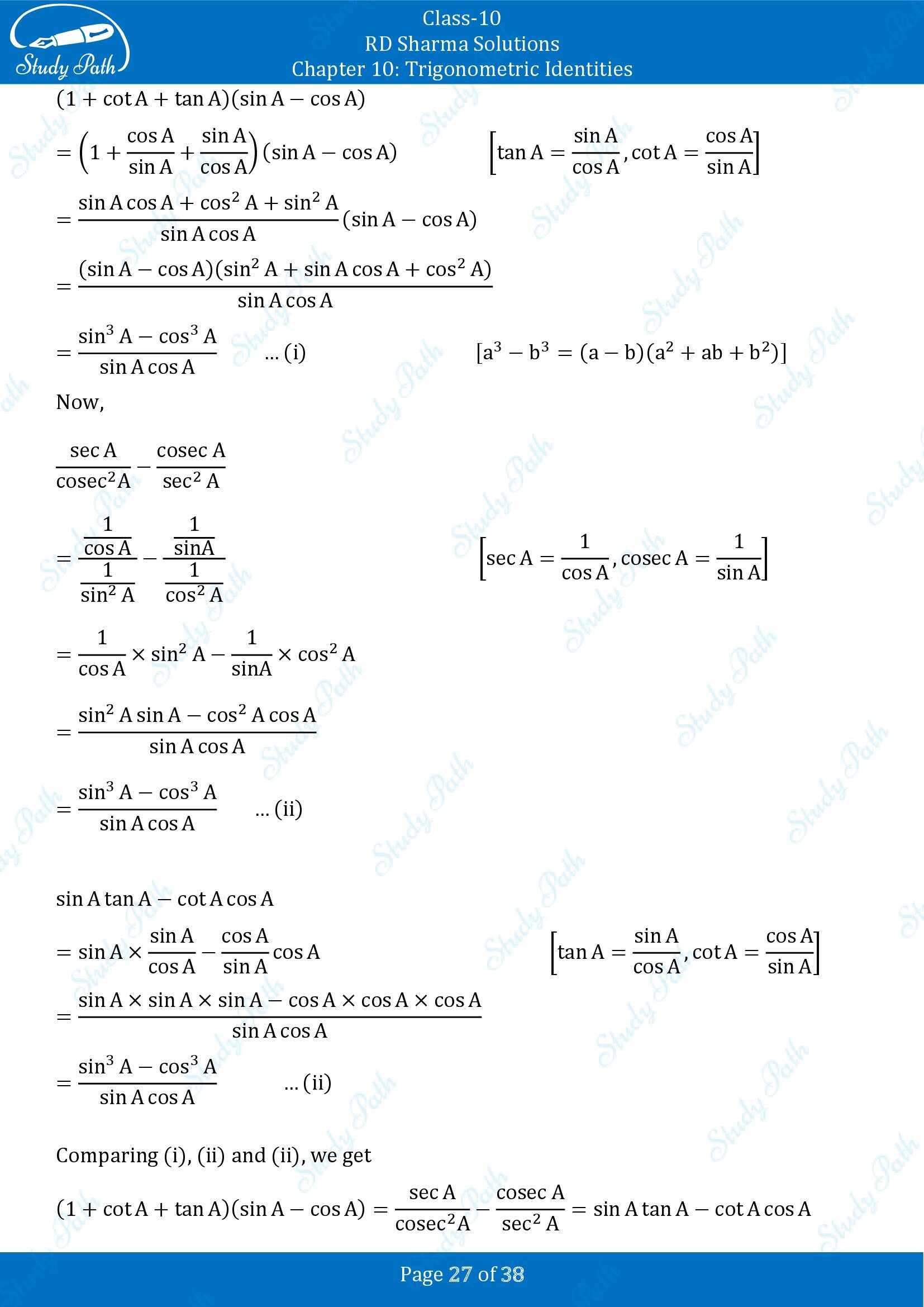 RD Sharma Solutions Class 10 Chapter 10 Trigonometric Identities Exercise 10.1 00027