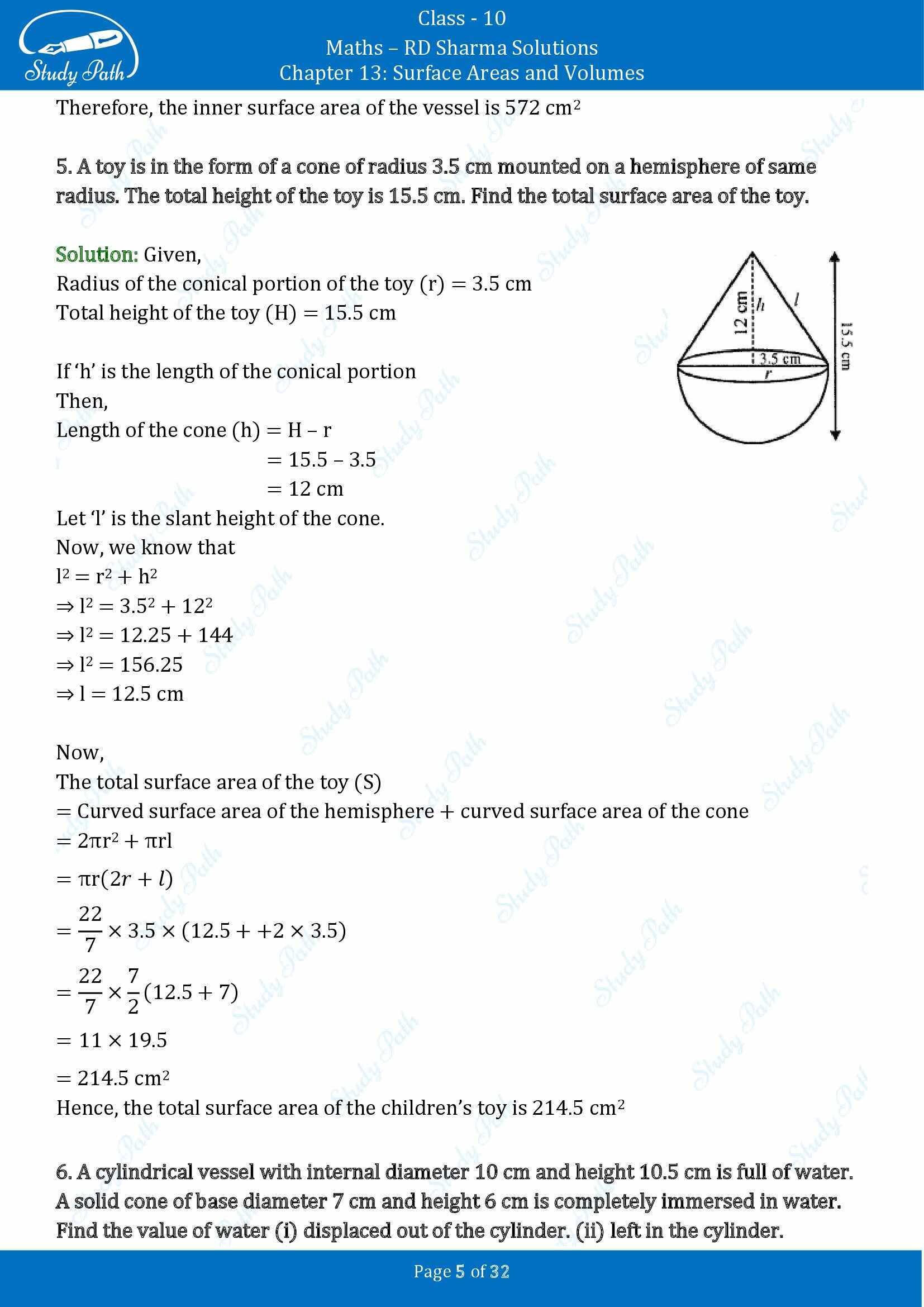 RD Sharma Solutions Class 10 Chapter 13 Surface Areas and Volumes Exercise 13.1 00005
