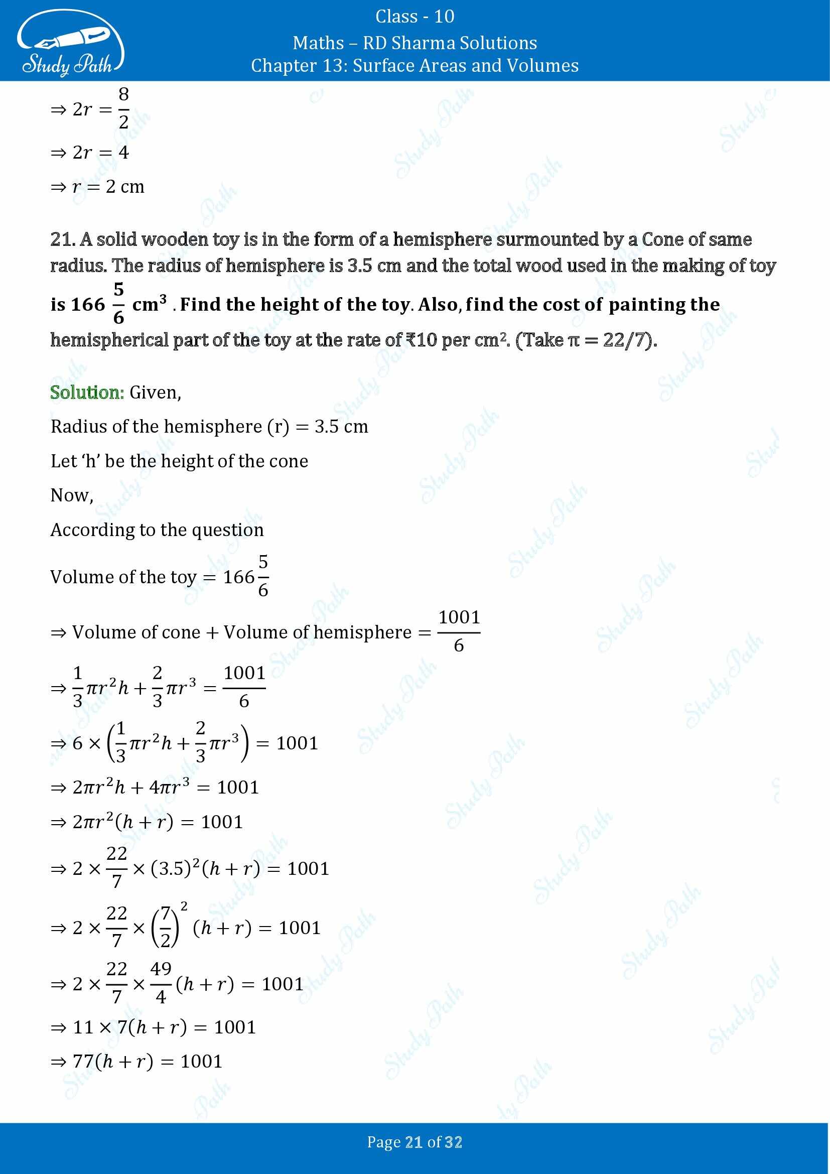 RD Sharma Solutions Class 10 Chapter 13 Surface Areas and Volumes Exercise 13.1 00021