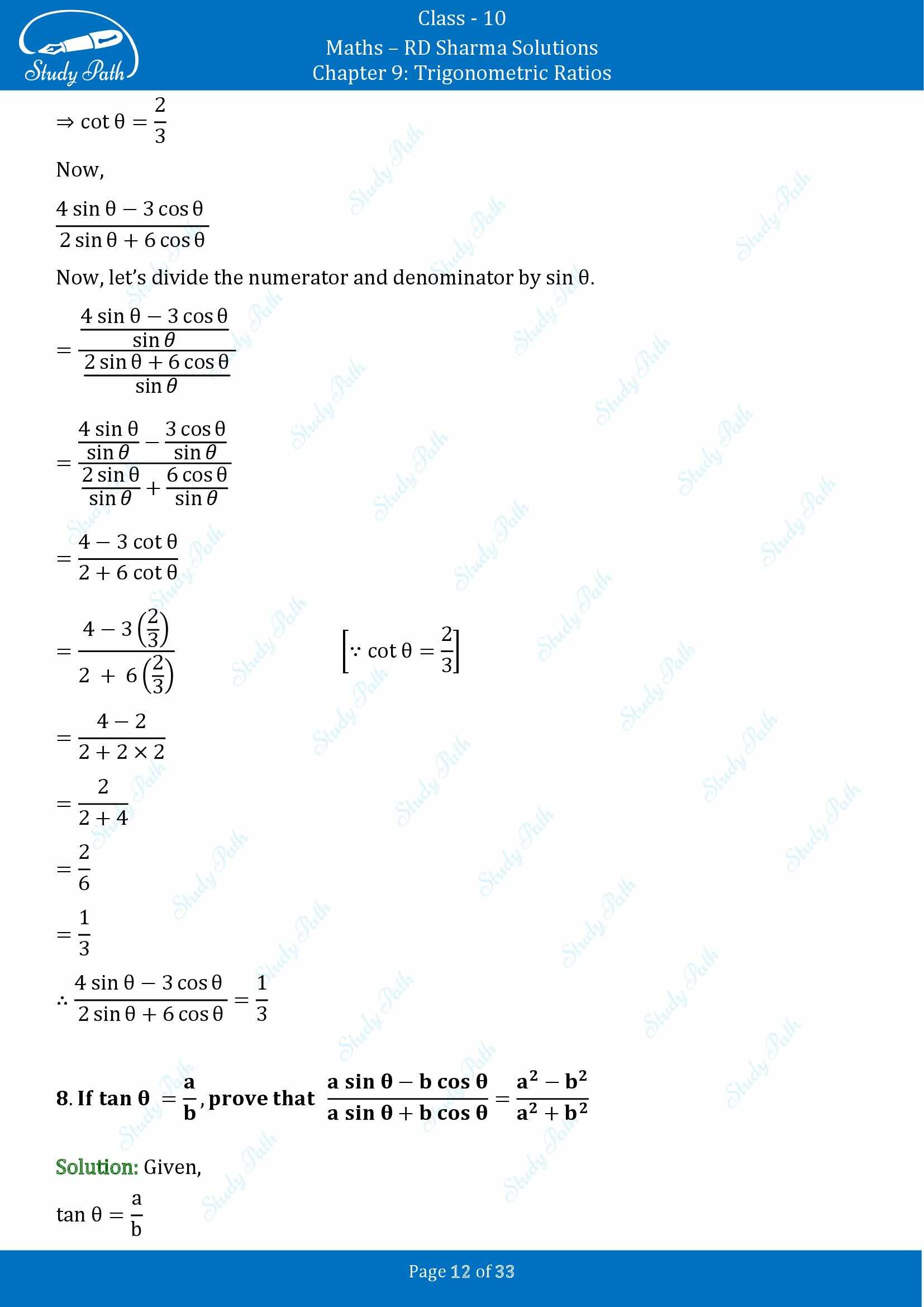 RD Sharma Solutions Class 10 Chapter 9 Trigonometric Ratios Exercise 9.1 00012