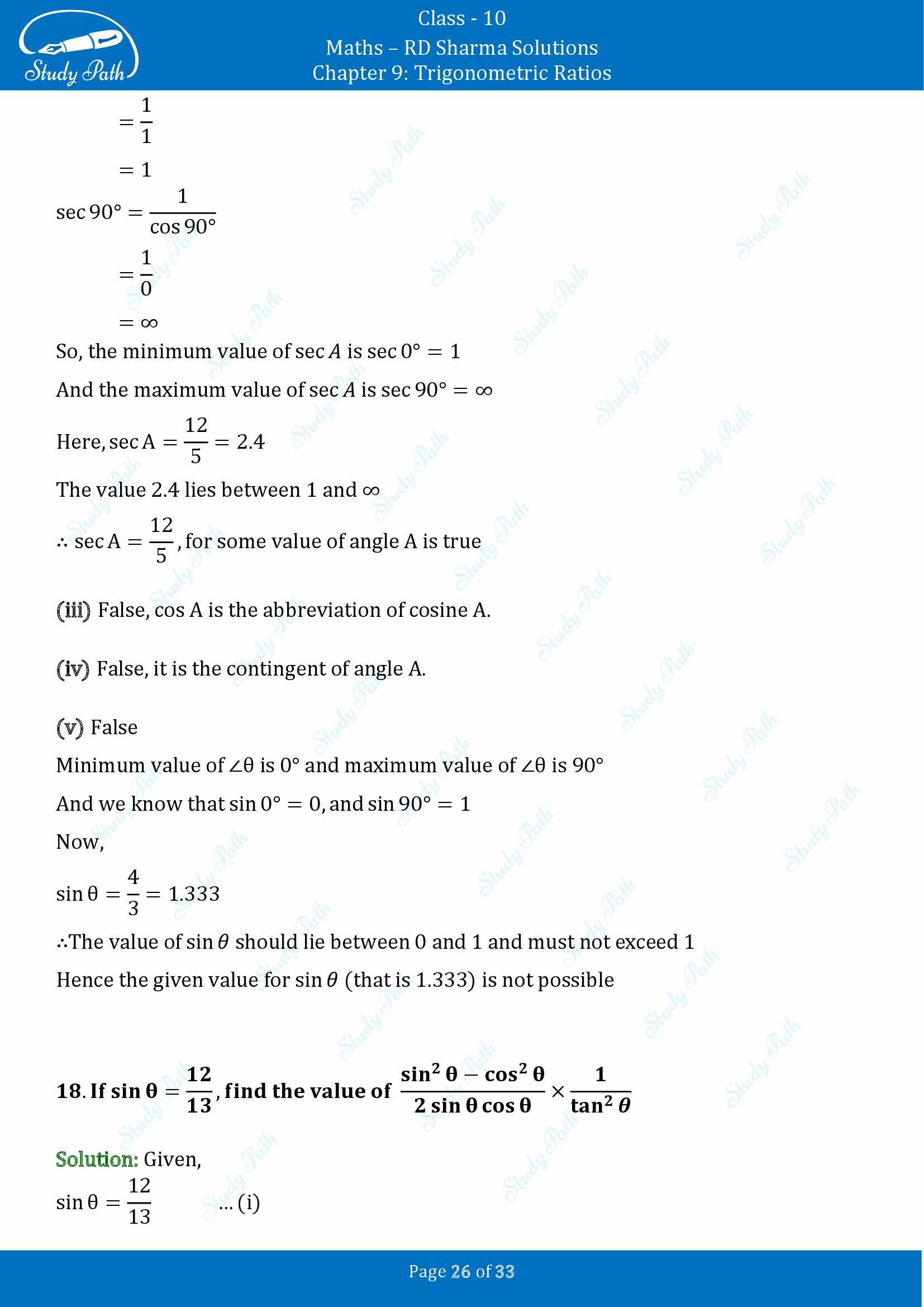 RD Sharma Solutions Class 10 Chapter 9 Trigonometric Ratios Exercise 9.1 00026