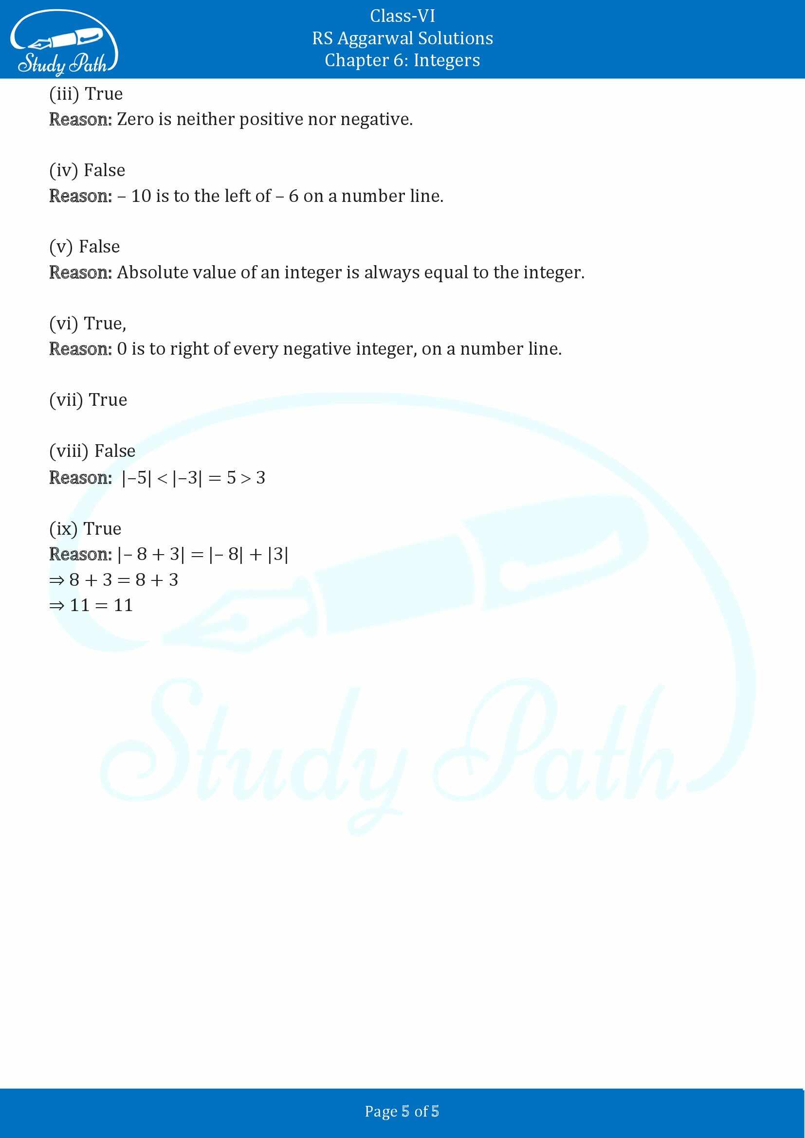 RS Aggarwal Solutions Class 6 Chapter 6 Integers Exercise 6A 00005