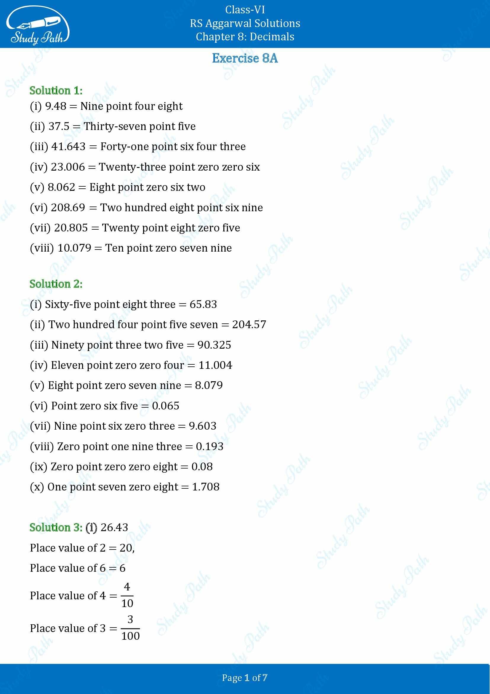 RS Aggarwal Solutions Class 6 Chapter 8 Decimals Exercise 8A 00001