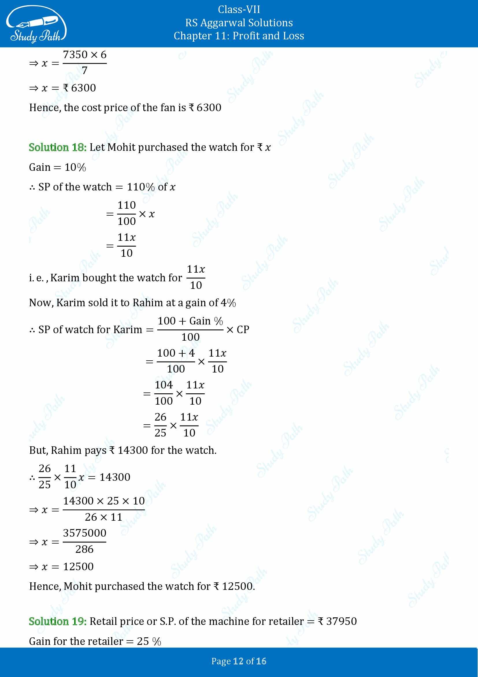 RS Aggarwal Solutions Class 7 Chapter 11 Profit and Loss Exercise 11A 00012