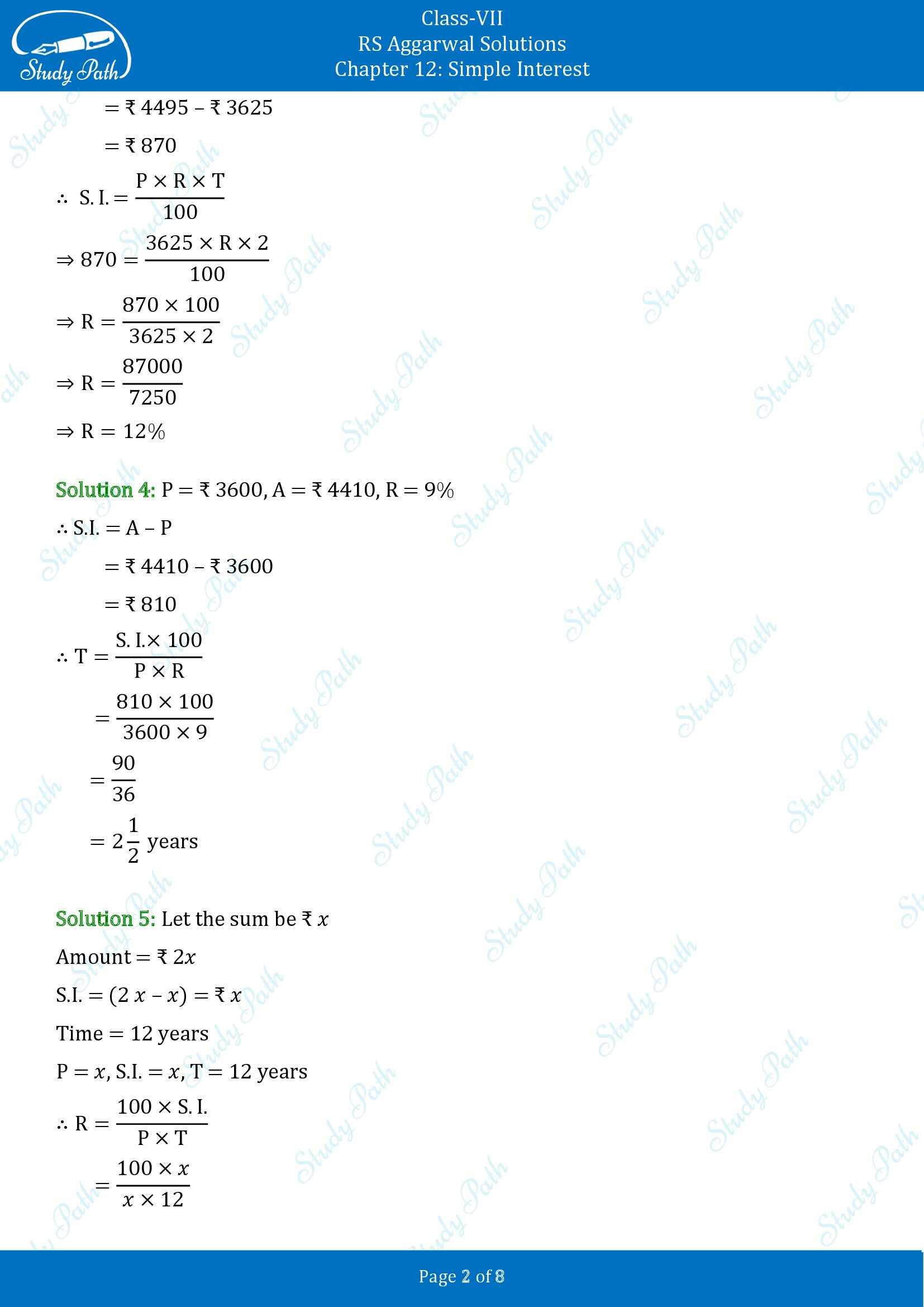 RS Aggarwal Solutions Class 7 Chapter 12 Simple Interest Test Paper 00002